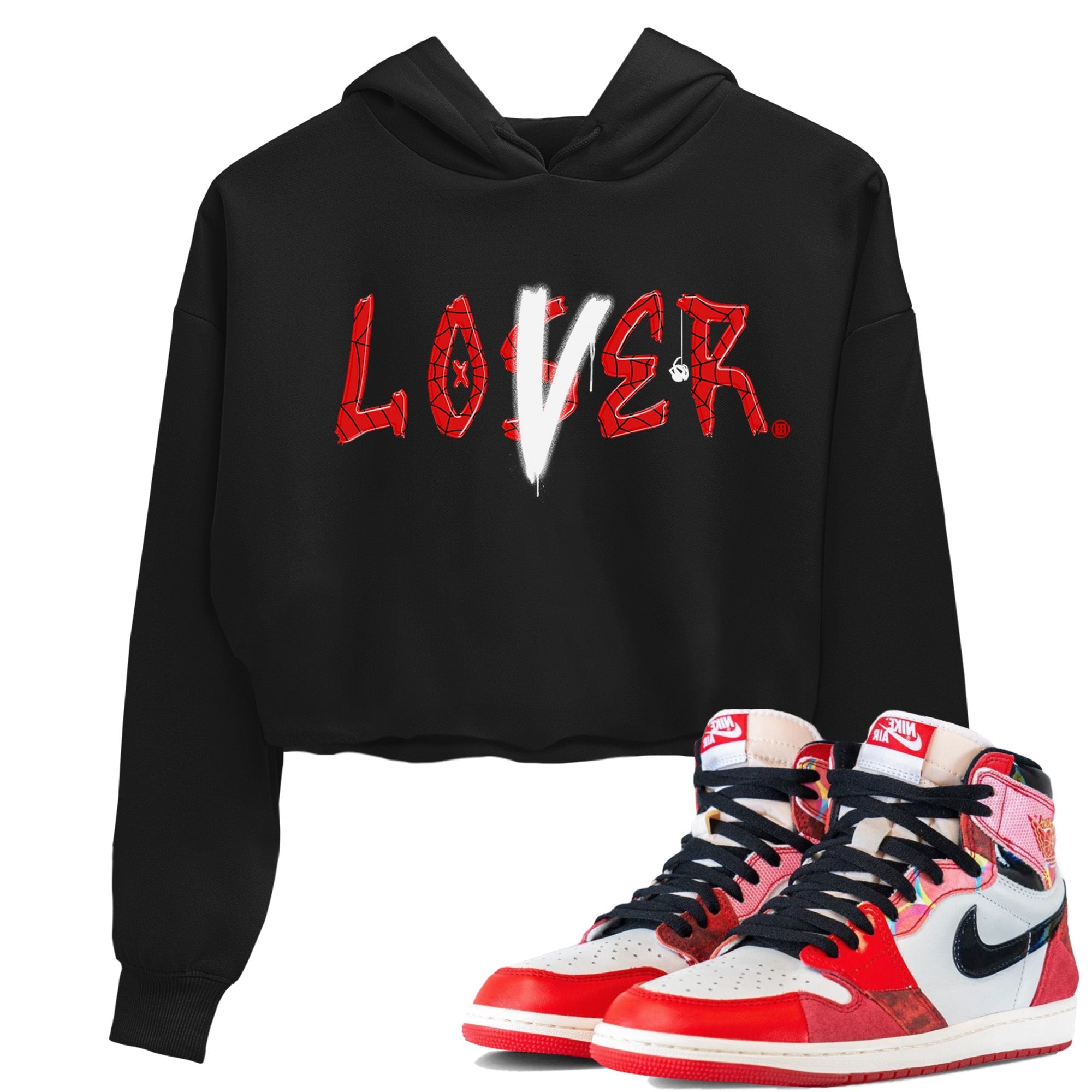 Air Jordan 1 Spider Man Sneaker Match Tees Loser Lover Sneaker Release Tees Spider-Man: Across the Spider-Verse x Air Jordan 1 Sneaker Release Tees Women's Shirts Black 1
