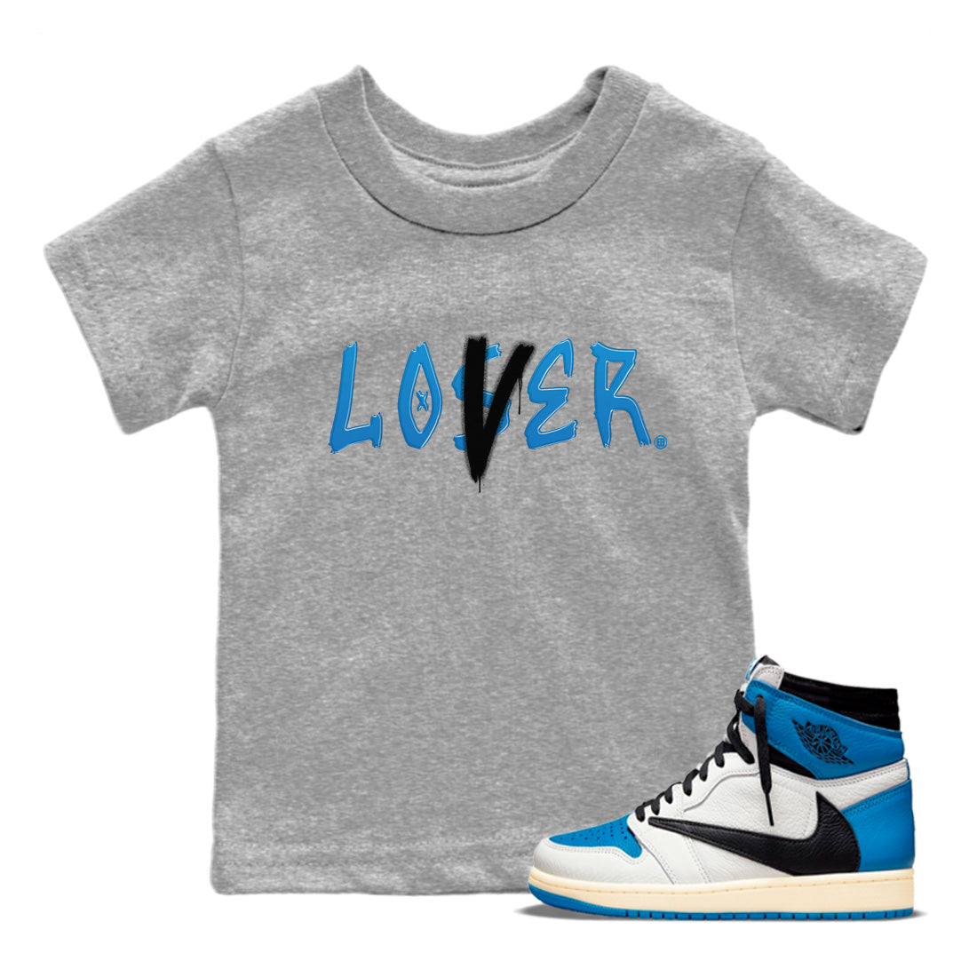 Air Jordan 1 Travis Scott Fragment Sneaker Match Tees Loser Lover Streetwear Sneaker Shirt Air Jordan 1 High x Travis Scott x Fragment Sneaker Release Tees Kids Shirts Heather Grey 1