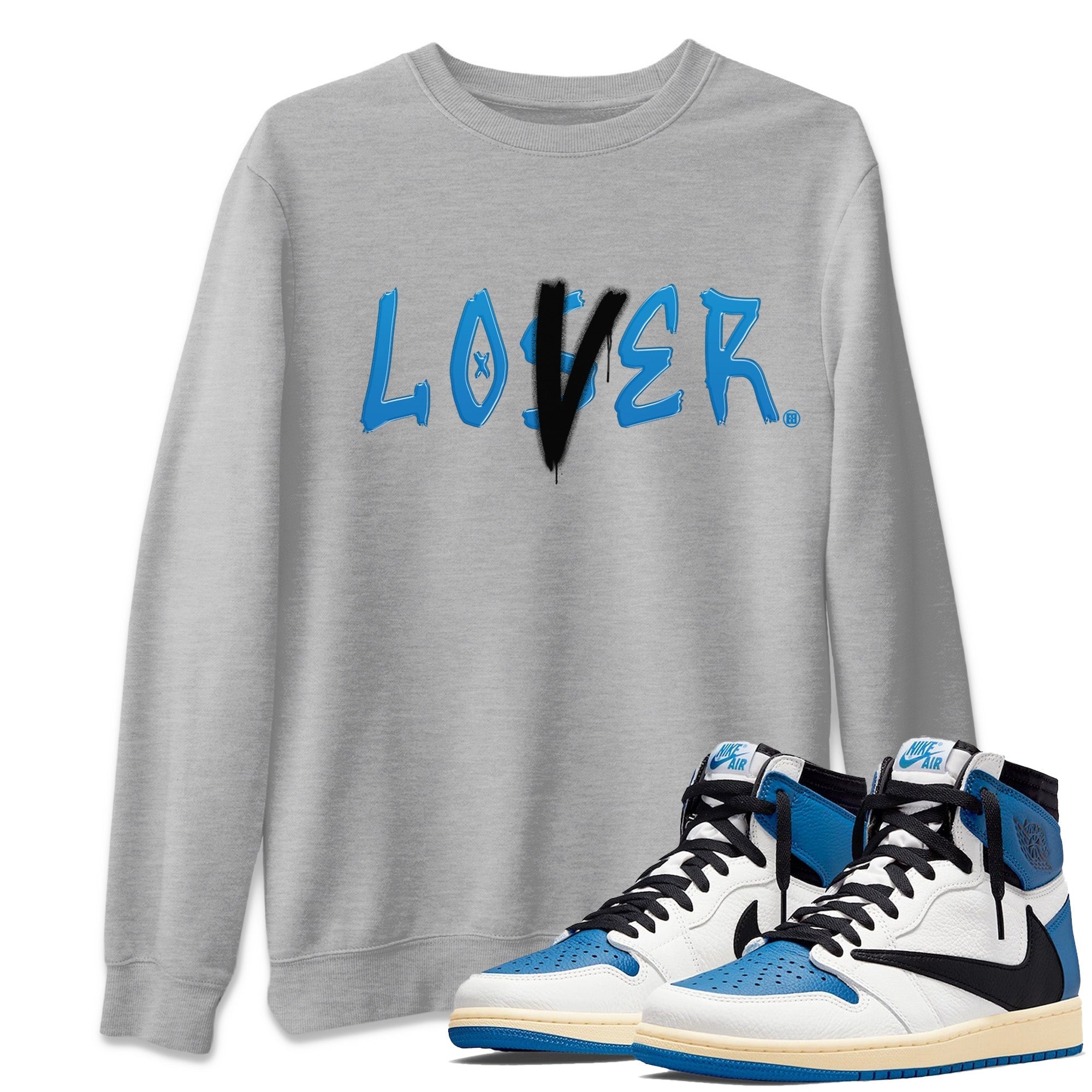 Air Jordan 1 Travis Scott Fragment Sneaker Match Tees Loser Lover Streetwear Sneaker Shirt Air Jordan 1 High x Travis Scott x Fragment Sneaker Release Tees Unisex Shirts Heather Grey 1