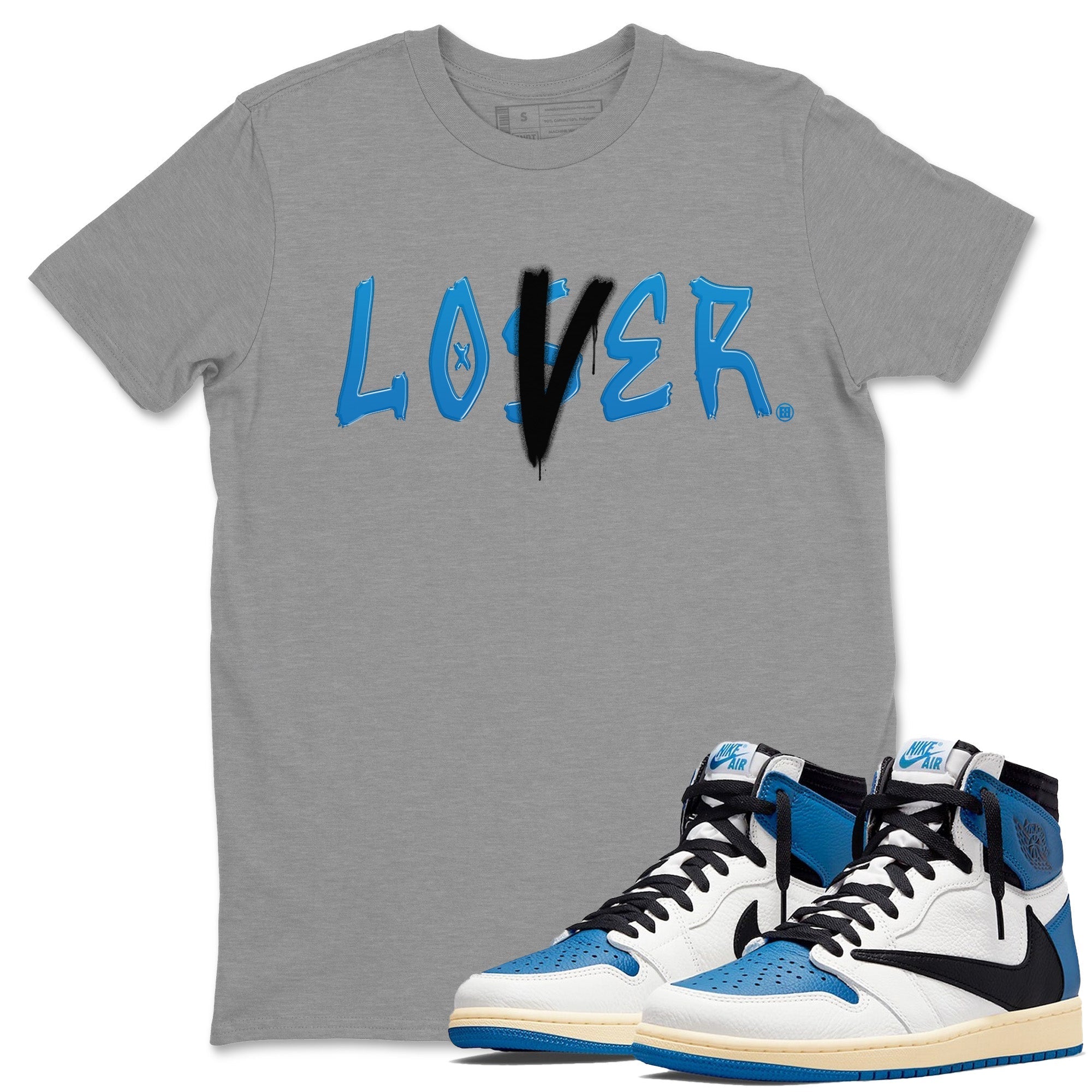 Air Jordan 1 Travis Scott Fragment Sneaker Match Tees Loser Lover Streetwear Sneaker Shirt Air Jordan 1 High x Travis Scott x Fragment Sneaker Release Tees Unisex Shirts Heather Grey 1