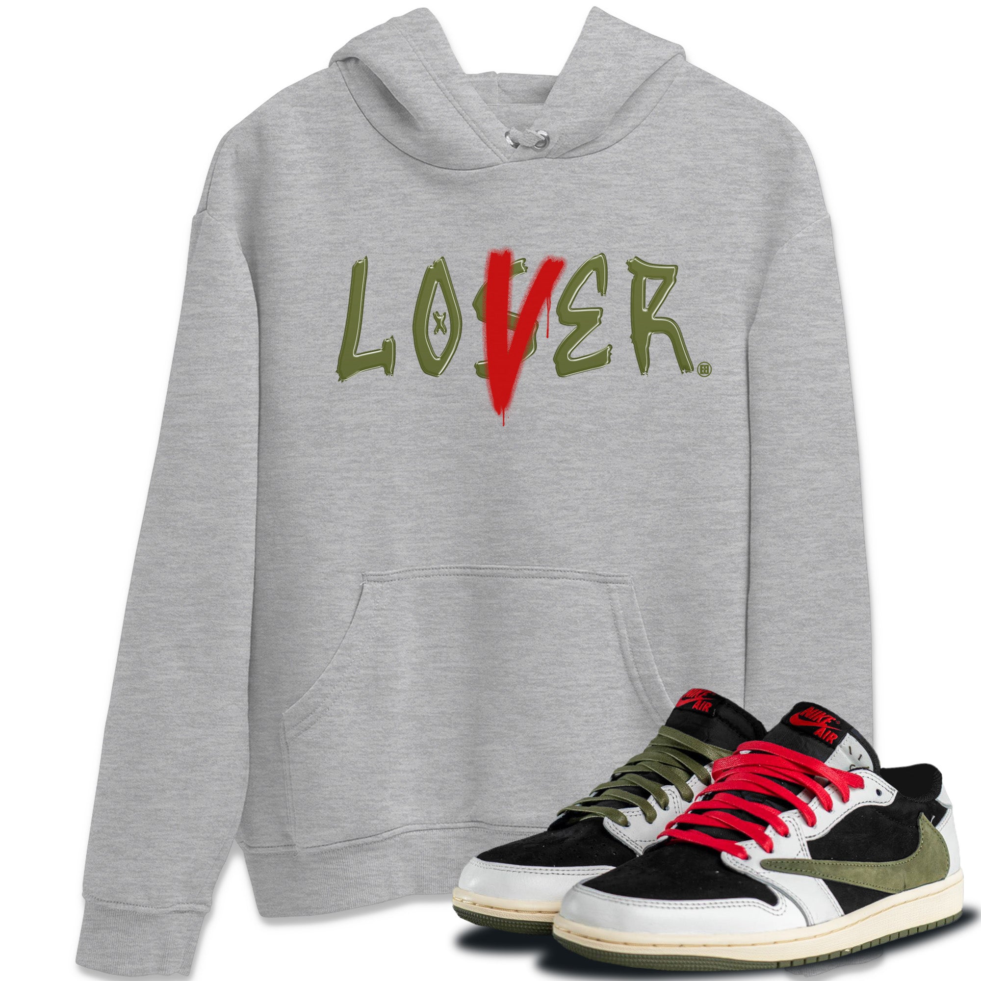 Air Jordan 1 Travis Scott Olive Sneaker Match Tees Loser Lover Streetwear Sneaker Shirt Air Jordan 1 Low x Travis Scott x Olive Sneaker Release Tees Unisex Shirts Heather Grey 1