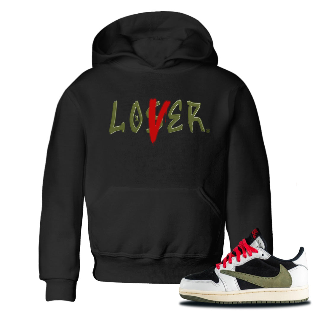 Air Jordan 1 Travis Scott Olive Sneaker Match Tees Loser Lover Streetwear Sneaker Shirt Air Jordan 1 Low x Travis Scott x Olive Sneaker Release Tees Kids Shirts Black 1