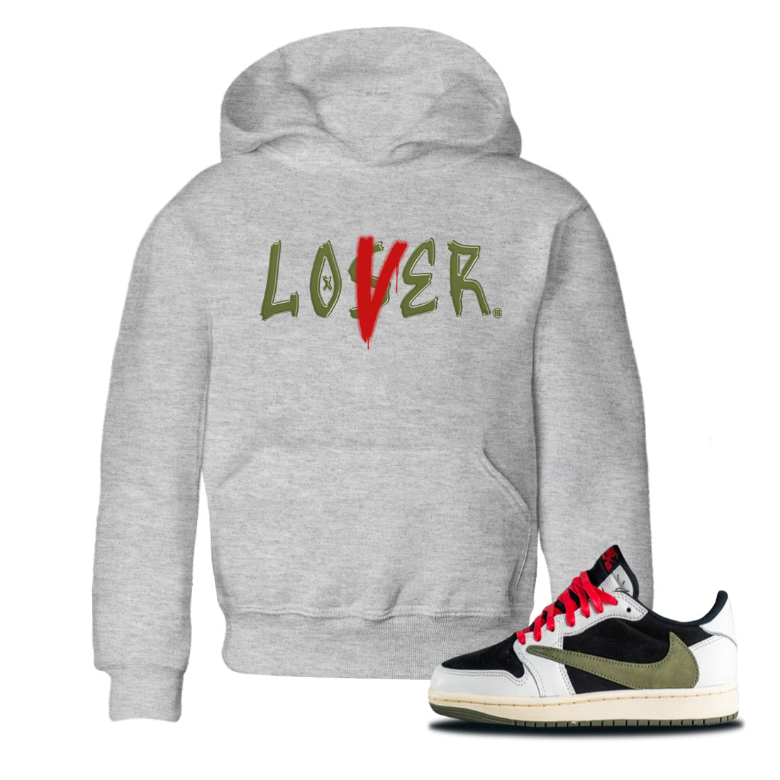 Air Jordan 1 Travis Scott Olive Sneaker Match Tees Loser Lover Streetwear Sneaker Shirt Air Jordan 1 Low x Travis Scott x Olive Sneaker Release Tees Kids Shirts Heather Grey 1