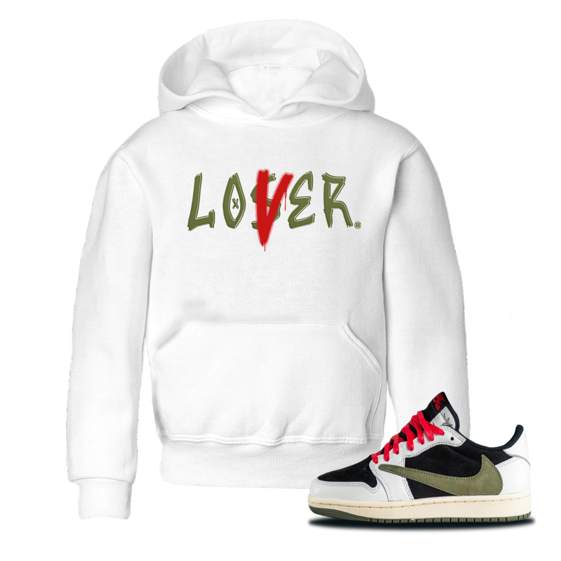 Air Jordan 1 Travis Scott Olive Sneaker Match Tees Loser Lover Streetwear Sneaker Shirt Air Jordan 1 Low x Travis Scott x Olive Sneaker Release Tees Kids Shirts White 1