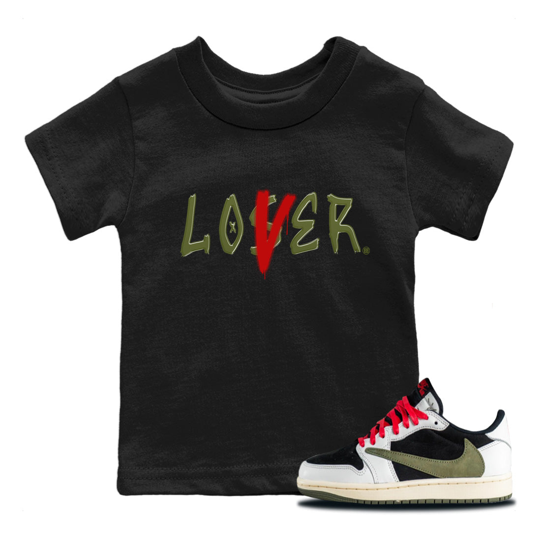 Air Jordan 1 Travis Scott Olive Sneaker Match Tees Loser Lover Streetwear Sneaker Shirt Air Jordan 1 Low x Travis Scott x Olive Sneaker Release Tees Kids Shirts Black 1