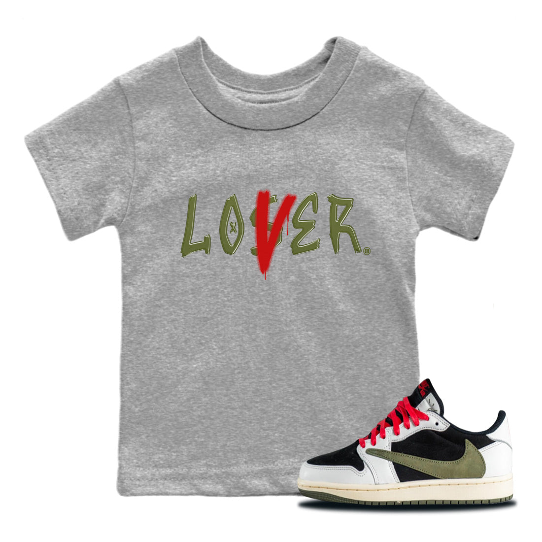 Air Jordan 1 Travis Scott Olive Sneaker Match Tees Loser Lover Streetwear Sneaker Shirt Air Jordan 1 Low x Travis Scott x Olive Sneaker Release Tees Kids Shirts Heather Grey 1