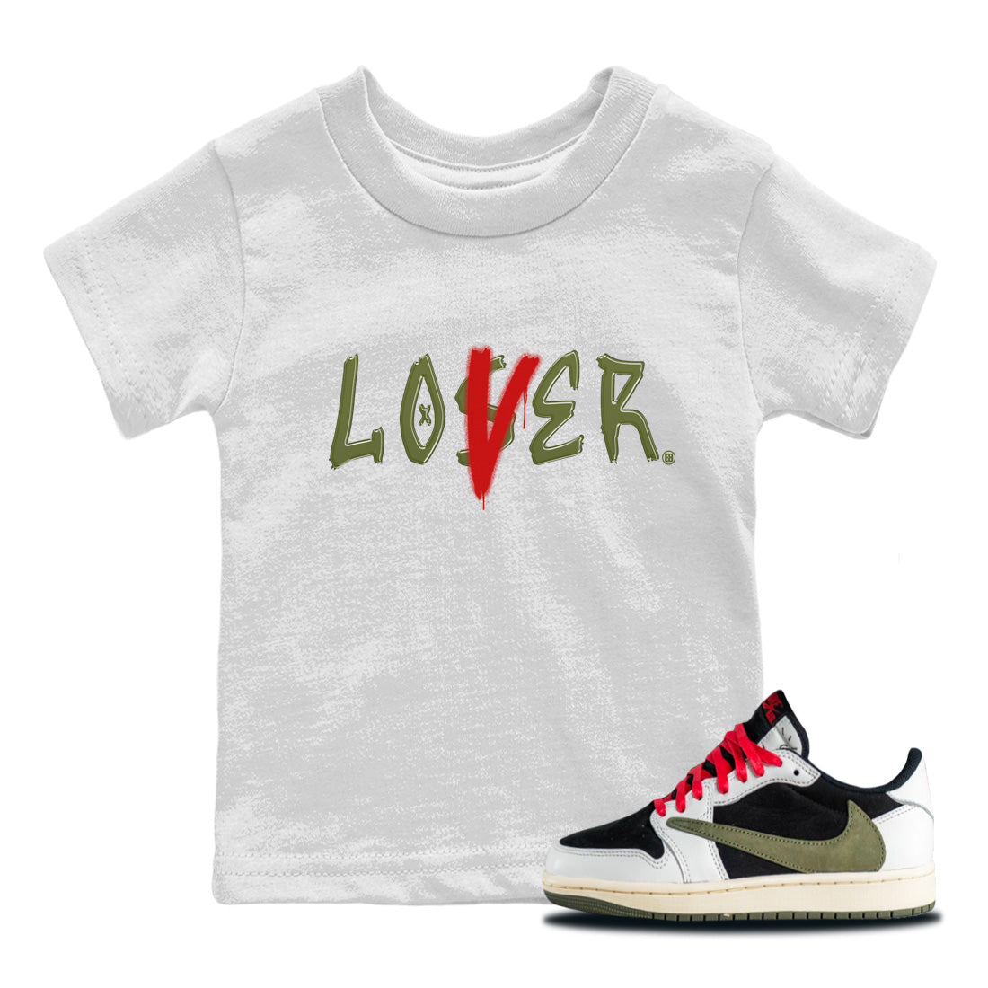 Air Jordan 1 Travis Scott Olive Sneaker Match Tees Loser Lover Streetwear Sneaker Shirt Air Jordan 1 Low x Travis Scott x Olive Sneaker Release Tees Kids Shirts White 1