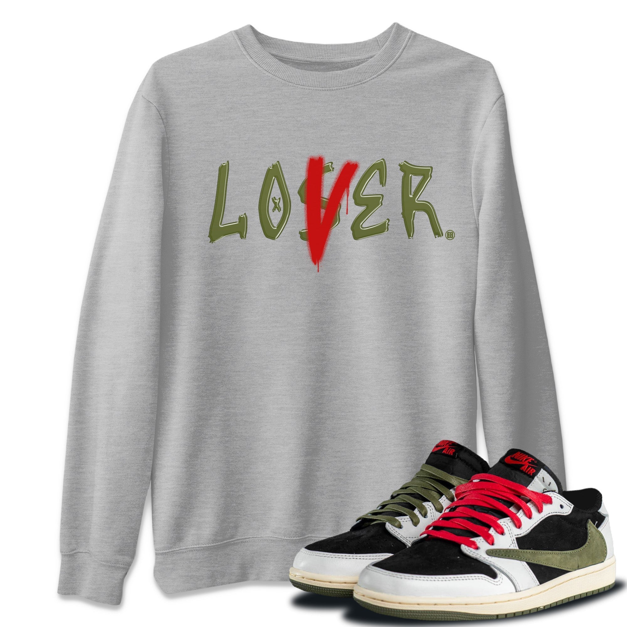 Air Jordan 1 Travis Scott Olive Sneaker Match Tees Loser Lover Streetwear Sneaker Shirt Air Jordan 1 Low x Travis Scott x Olive Sneaker Release Tees Unisex Shirts Heather Grey 1