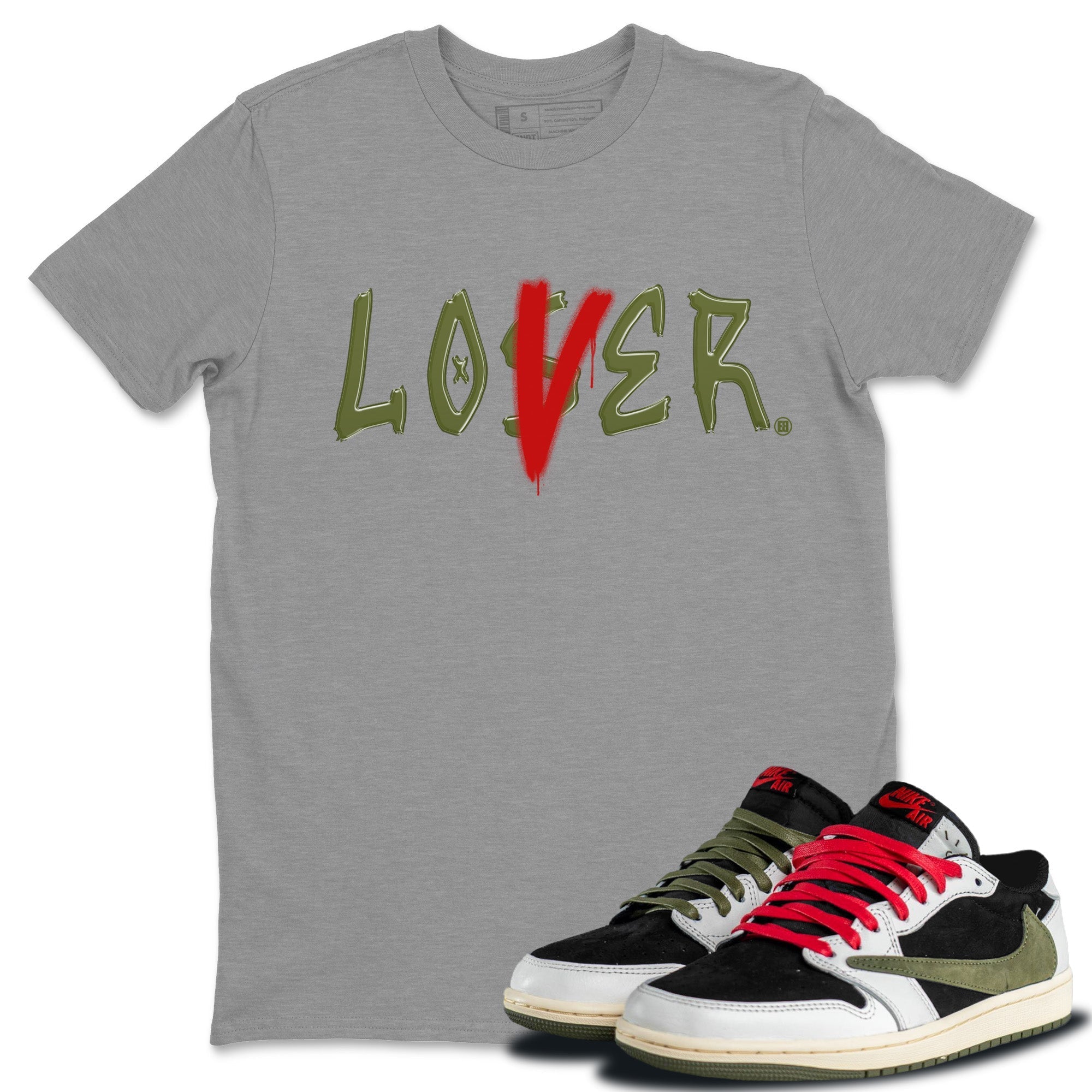 Air Jordan 1 Travis Scott Olive Sneaker Match Tees Loser Lover Streetwear Sneaker Shirt Air Jordan 1 Low x Travis Scott x Olive Sneaker Release Tees Unisex Shirts Heather Grey 1