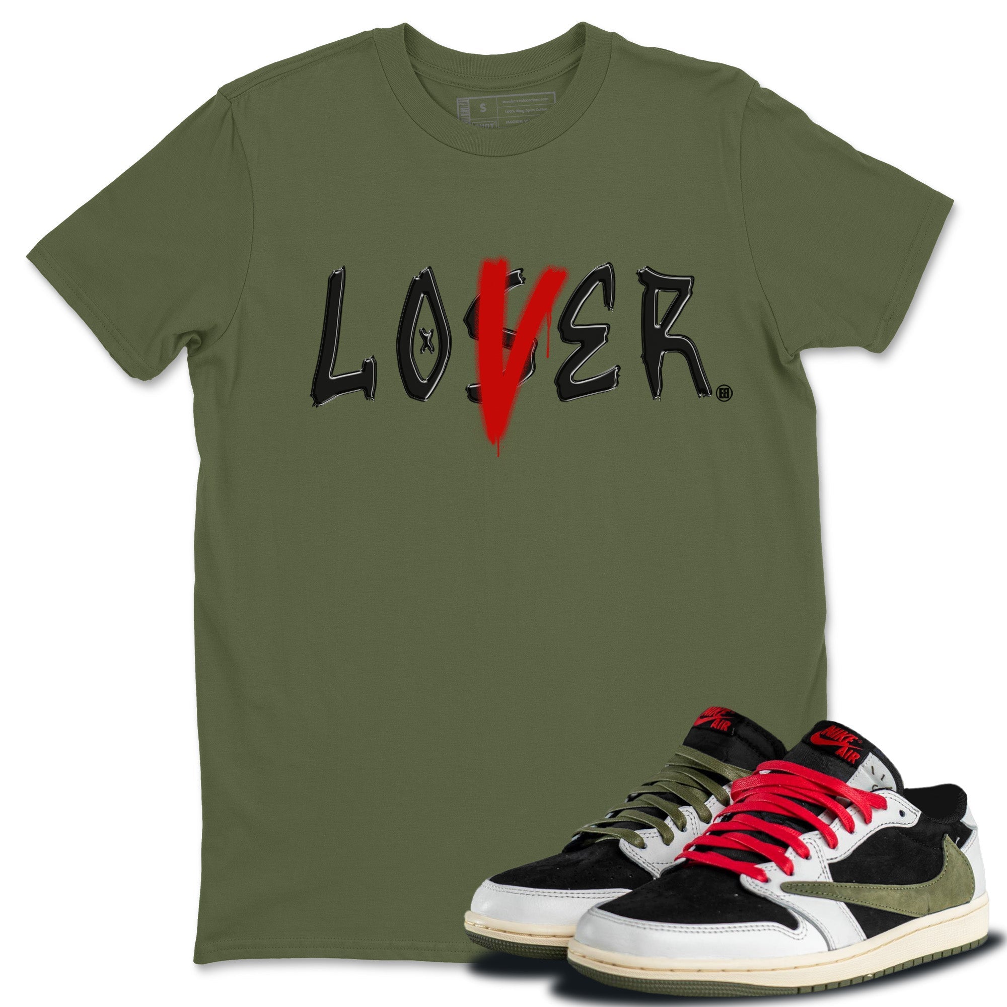 Air Jordan 1 Travis Scott Olive Sneaker Match Tees Loser Lover Streetwear Sneaker Shirt Air Jordan 1 Low x Travis Scott x Olive Sneaker Release Tees Unisex Shirts Military Green 1