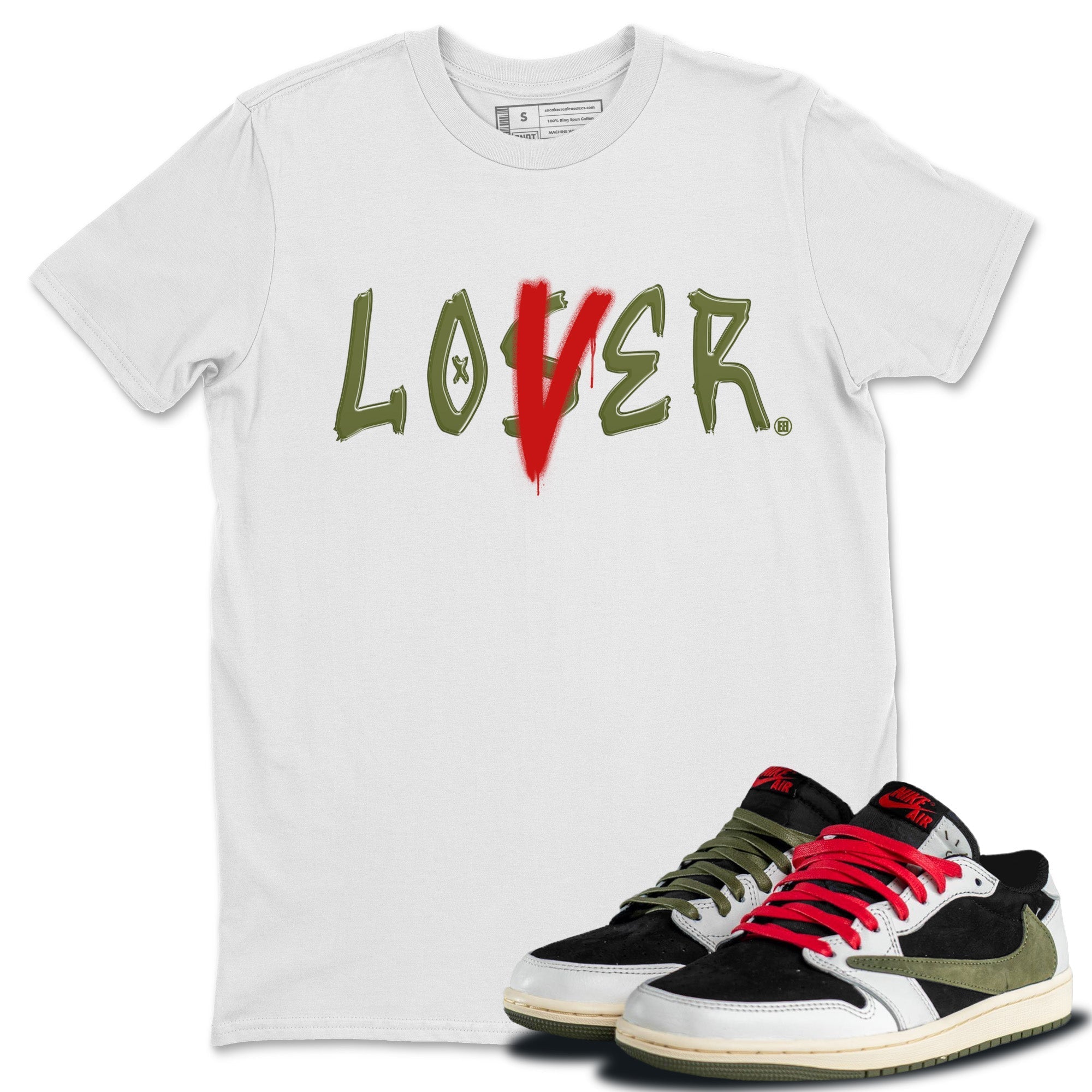 Air Jordan 1 Travis Scott Olive Sneaker Match Tees Loser Lover Streetwear Sneaker Shirt Air Jordan 1 Low x Travis Scott x Olive Sneaker Release Tees Unisex Shirts White 1