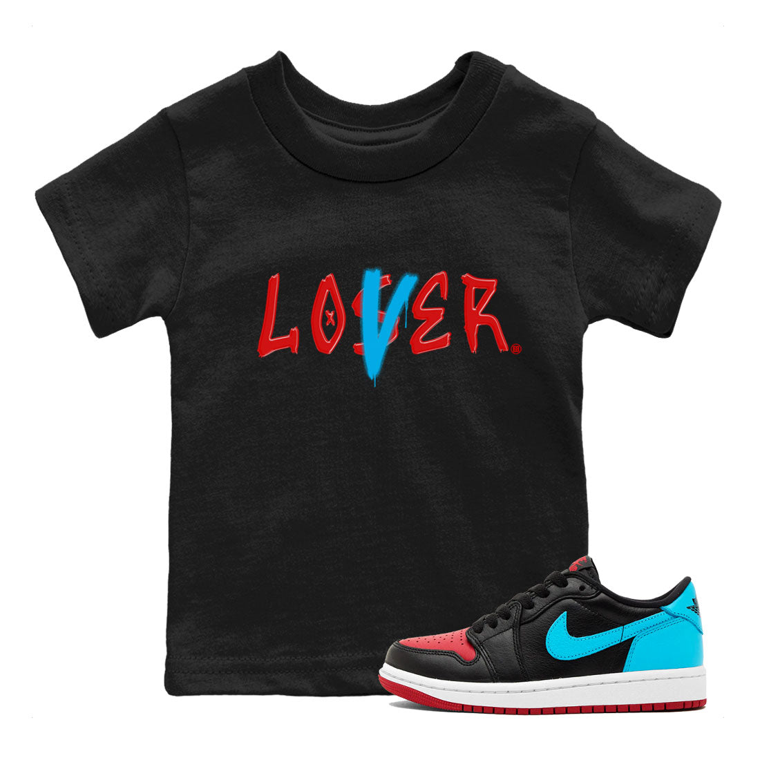 Air Jordan 1 UNC to Chicago Sneaker Match Tees Loser Lover Streetwear Sneaker Shirt Jordan 1 Low OG WMNS UNC to Chicago Drip Gear Zone Sneaker Matching Clothing Kids and Baby Youth Shirts Black 1