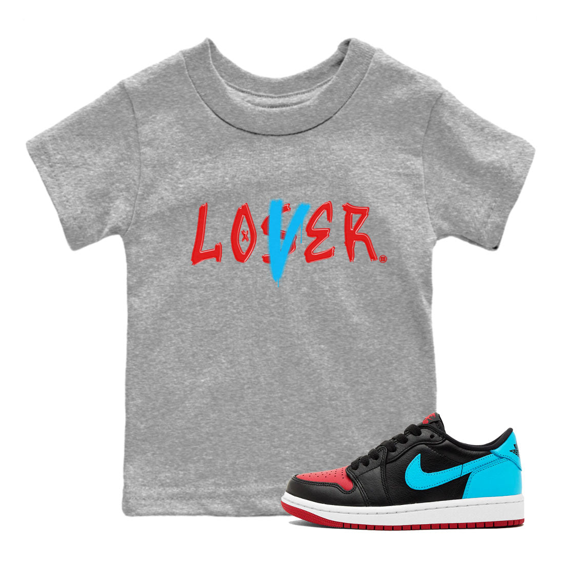 Air Jordan 1 UNC to Chicago Sneaker Match Tees Loser Lover Streetwear Sneaker Shirt Jordan 1 Low OG WMNS UNC to Chicago Drip Gear Zone Sneaker Matching Clothing Kids and Baby Youth Shirts Heather Grey 1