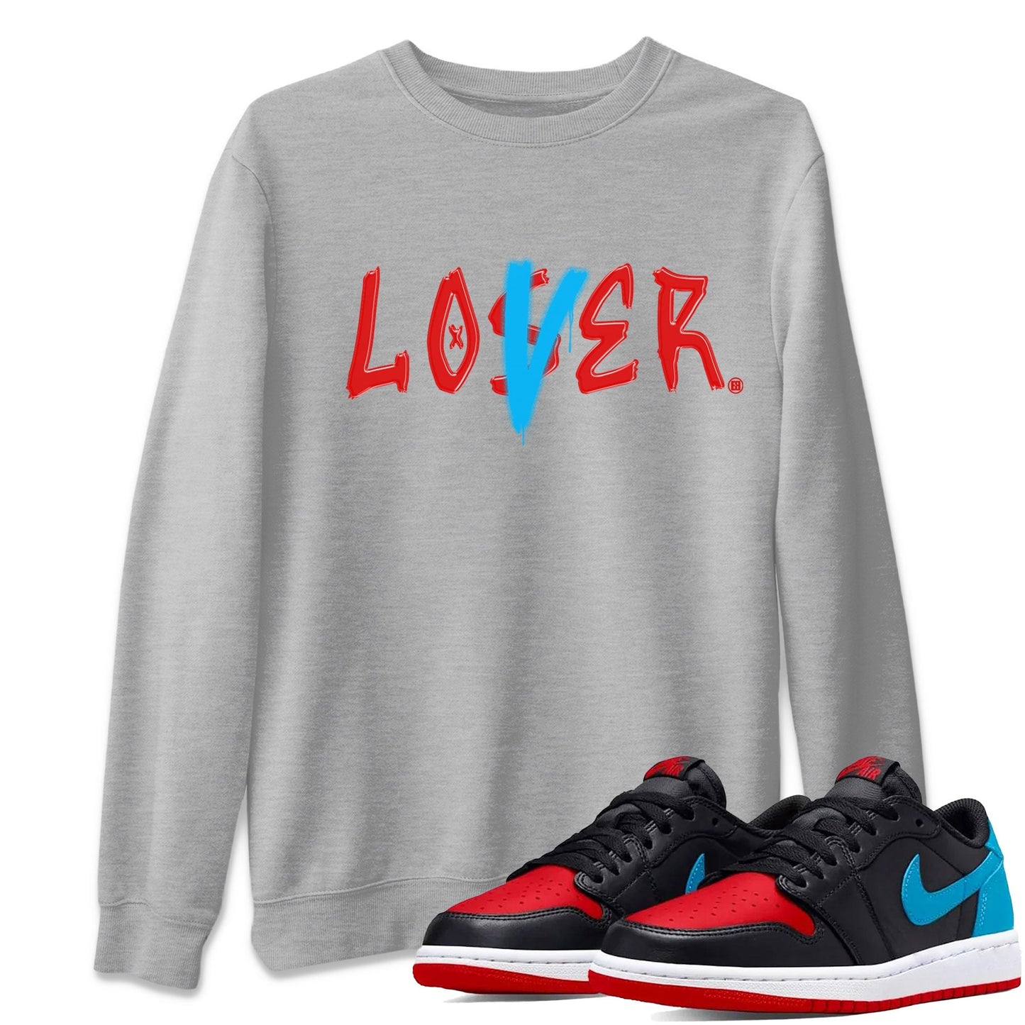 Air Jordan 1 UNC to Chicago Sneaker Match Tees Loser Lover Streetwear Sneaker Shirt Jordan 1 Low OG WMNS UNC to Chicago Drip Gear Zone Sneaker Matching Clothing Unisex Shirts Heather Grey 1