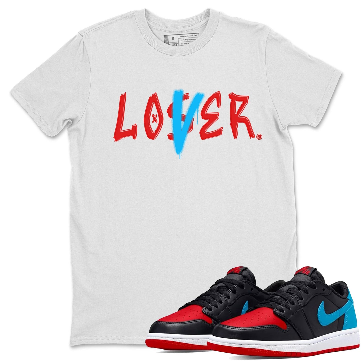 Air Jordan 1 UNC to Chicago Sneaker Match Tees Loser Lover Streetwear Sneaker Shirt Jordan 1 Low OG WMNS UNC to Chicago Drip Gear Zone Sneaker Matching Clothing Unisex Shirts White 1