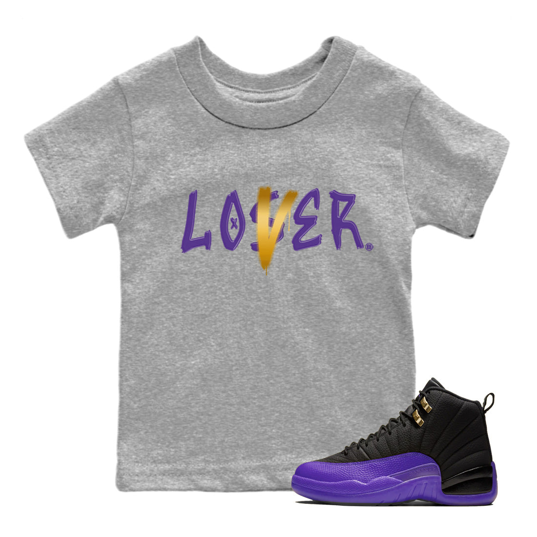 Air Jordan 12 Field Purple Sneaker Match Tees Loser Lover Sneaker Tees AJ12 Field Purple Sneaker Release Tees Kids Shirts Heather Grey 1