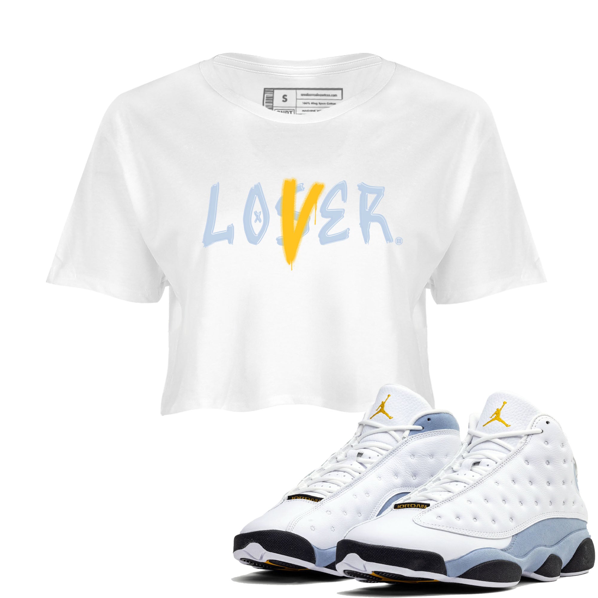 13s Blue Grey shirt to match jordans Loser Lover sneaker tees Air Jordan 13 Retro Blue Grey Drip Gear Zone White 1 crop length shirt