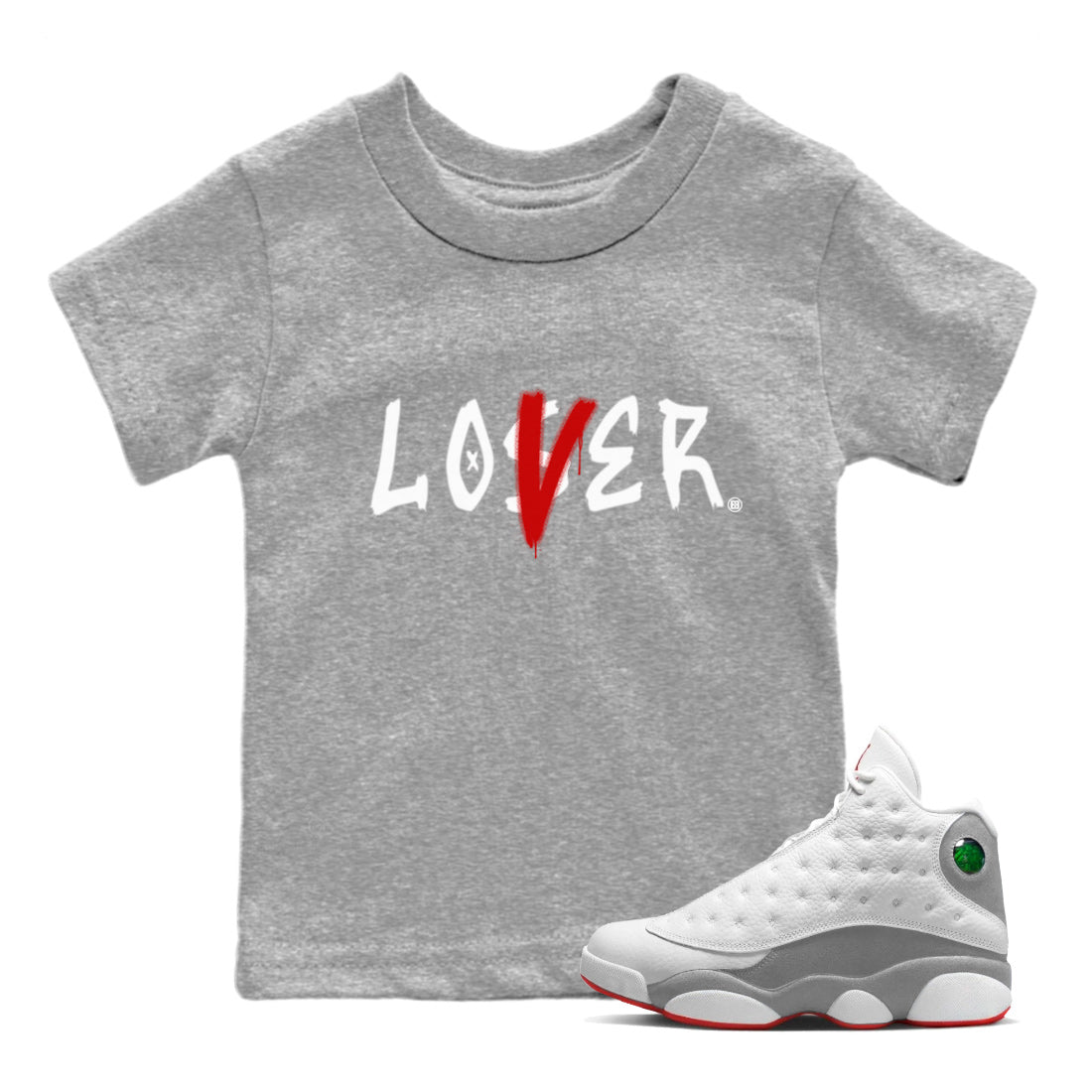 Air Jordan 13 Wolf Grey Sneaker Match Tees Loser Lover Streetwear Sneaker Shirt 13s Wolf Grey Drip Gear Zone Sneaker Matching Clothing Kids Shirts Heather Grey 1
