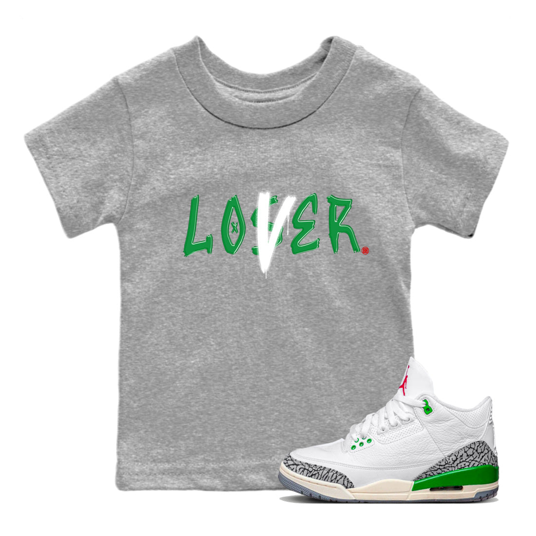 Air Jordan 3 Lucky Green Sneaker Match Tees Loser Lover Streetwear Sneaker Shirt Jordan 3 Retro Lucky Green Sneaker Release Tees Kids Shirts Heather Grey 1