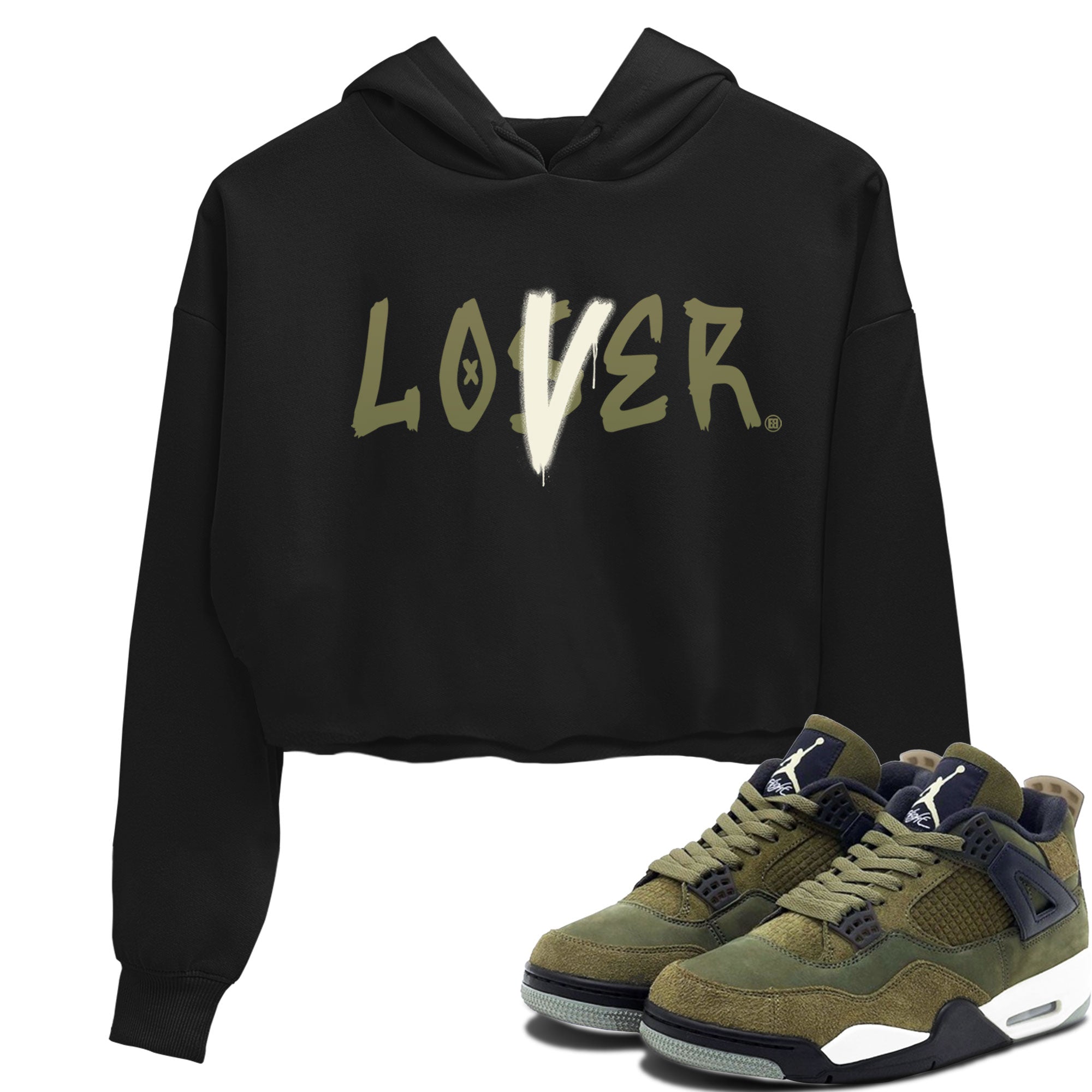 Air Jordan 4 Medium Olive shirt to match jordans streetwear brand Loser Lover sneaker match tees 4s Olive Drip Gear Zone Black 1 Crop T-Shirt