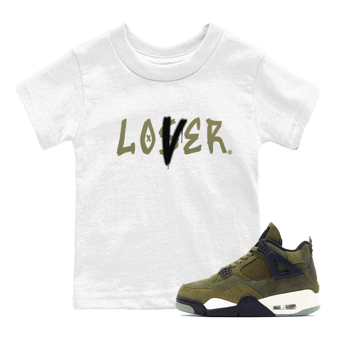 Air Jordan 4 Medium Olive shirt to match jordans streetwear brand Loser Lover sneaker match tees 4s Olive Drip Gear Zone Baby Toddler White 1 T-Shirt