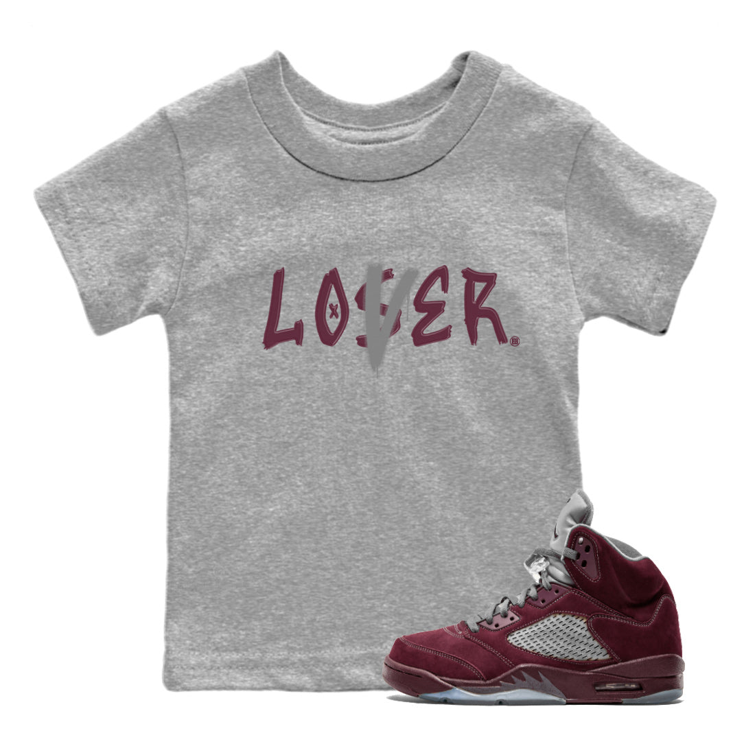 Air Jordan 5 Burgundy Sneaker Match Tees Loser Lover Jordan 5 Burgundy Tee Sneaker Release Tees Kids Shirts Heather Grey 1
