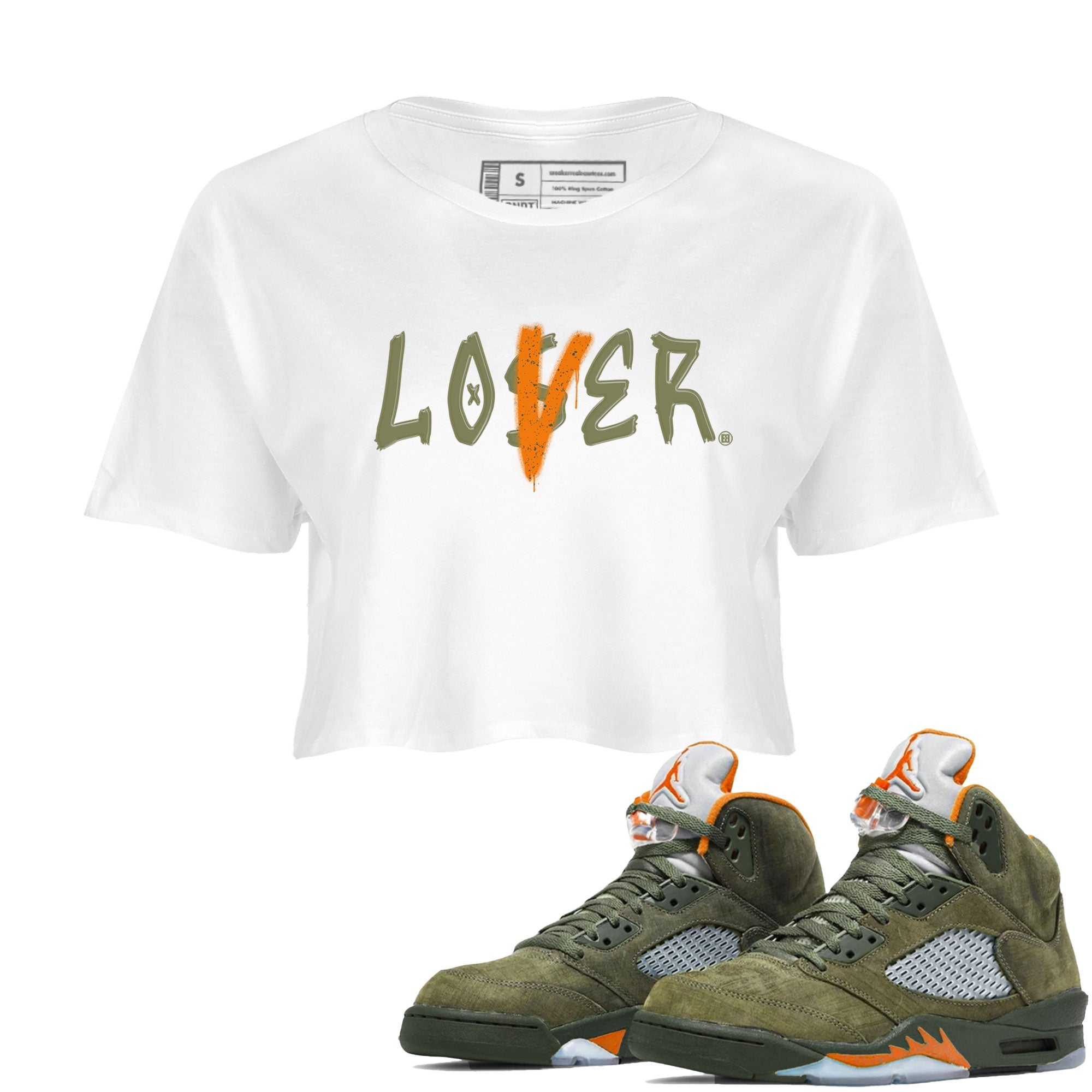 5s Olive shirt to match jordans Loser Lover sneaker tees Air Jordan 5 Olive Drip Gear Zone White 1 crop length shirt