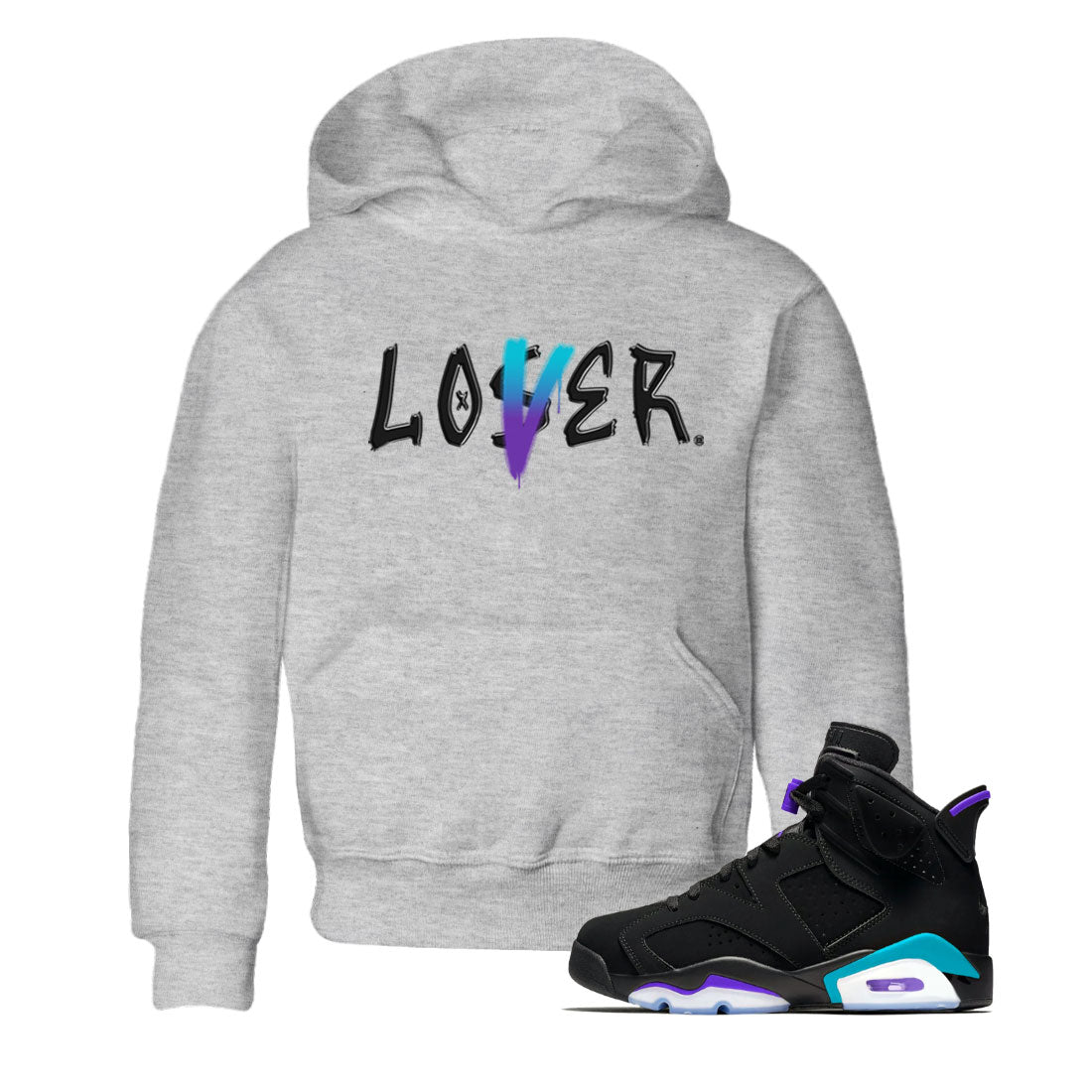 AJ6 Aqua Sneaker Match Tees Loser Lover Streetwear Sneaker Shirt Air Jordan 6 Aqua Drip Gear Zone Sneaker Matching Clothing Kids and Baby Youth Shirts Heather Grey 1
