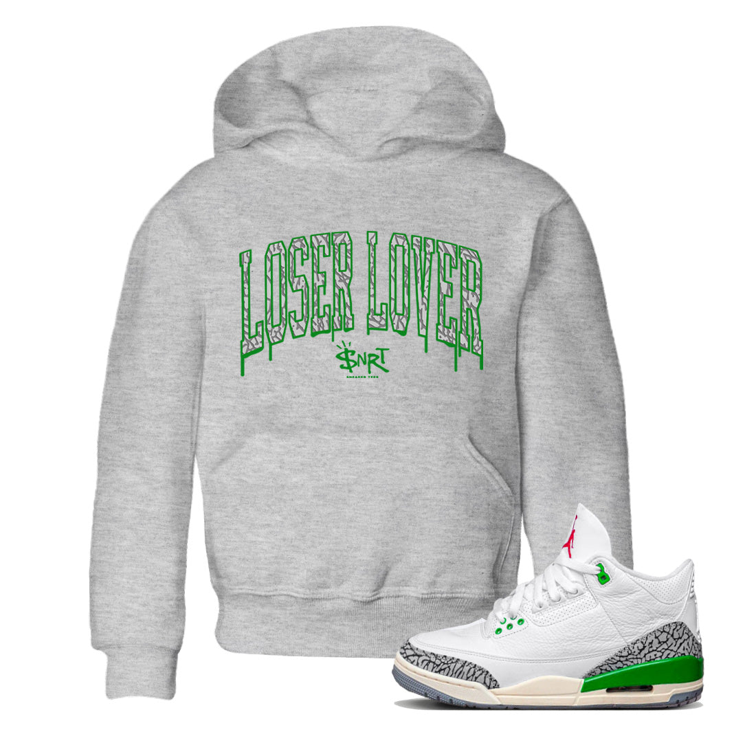 Air Jordan 3 Lucky Green Sneaker Tees Drip Gear Zone Loser Lover Letter Sneaker Tees Air Jordan 3 WMNS Lucky Green Shirt Kids Shirts Heather Grey 1