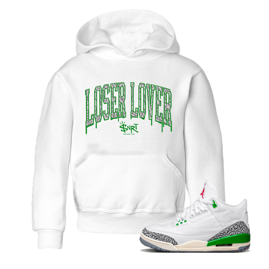 Air Jordan 3 Lucky Green Sneaker Tees Drip Gear Zone Loser Lover Letter Sneaker Tees Air Jordan 3 WMNS Lucky Green Shirt Kids Shirts White 1