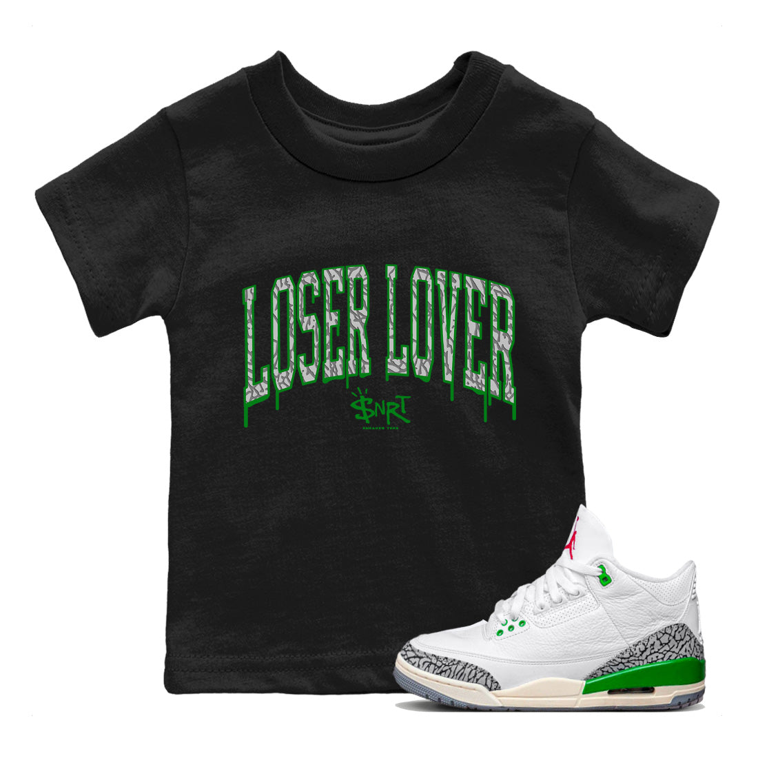 Air Jordan 3 Lucky Green Sneaker Tees Drip Gear Zone Loser Lover Letter Sneaker Tees Air Jordan 3 WMNS Lucky Green Shirt Kids Shirts Black 1