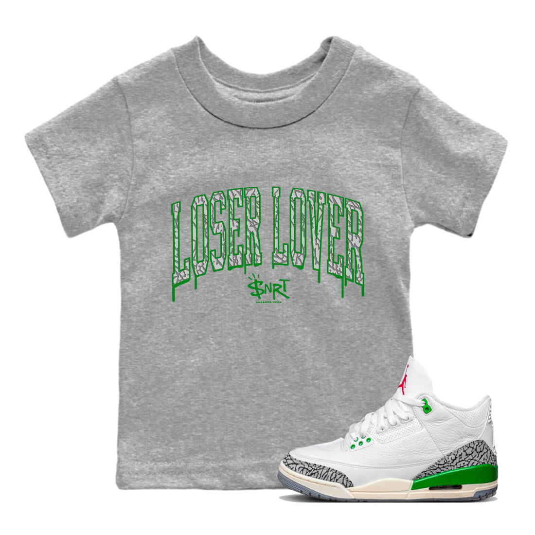 Air Jordan 3 Lucky Green Loser Lover Letter Baby and Kids Sneaker Tees Air Jordan 3 WMNS Lucky Green Kids Sneaker Tees Size Chart