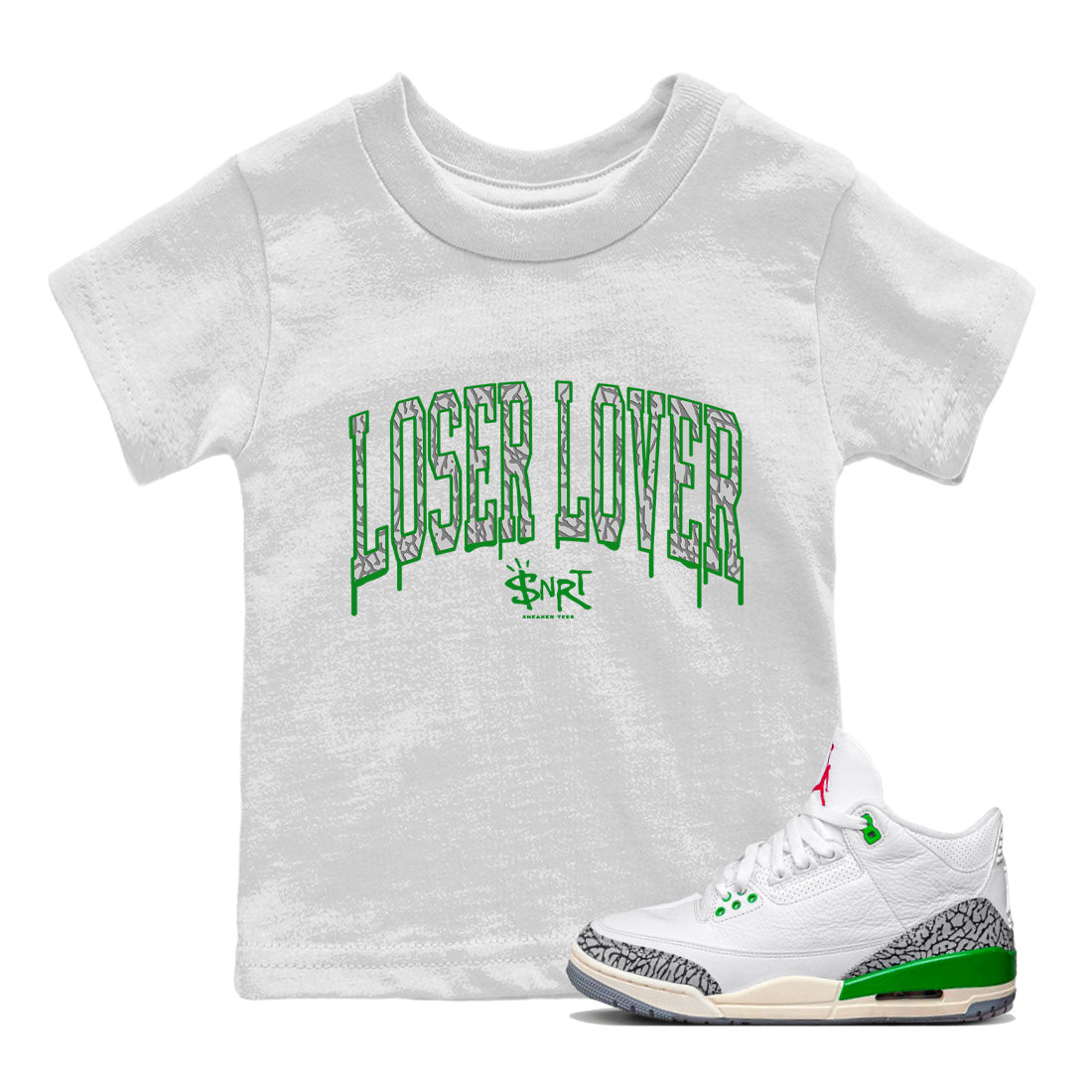 Air Jordan 3 Lucky Green Sneaker Tees Drip Gear Zone Loser Lover Letter Sneaker Tees Air Jordan 3 WMNS Lucky Green Shirt Kids Shirts White 1