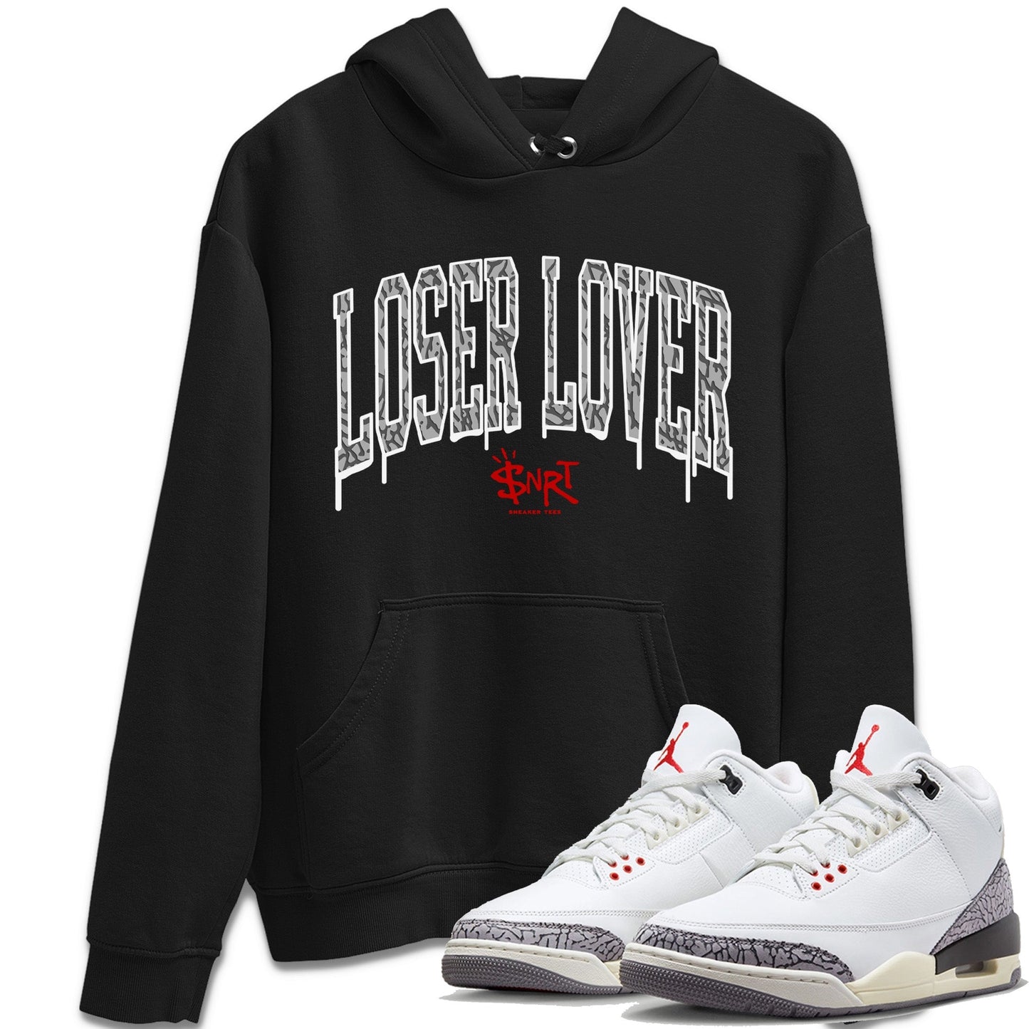 Air Jordan 3 White Cement Sneaker Tees Drip Gear Zone Loser Lover Letter Sneaker Tees Air Jordan 3 Retro White Cement Shirt Unisex Shirts Black 1