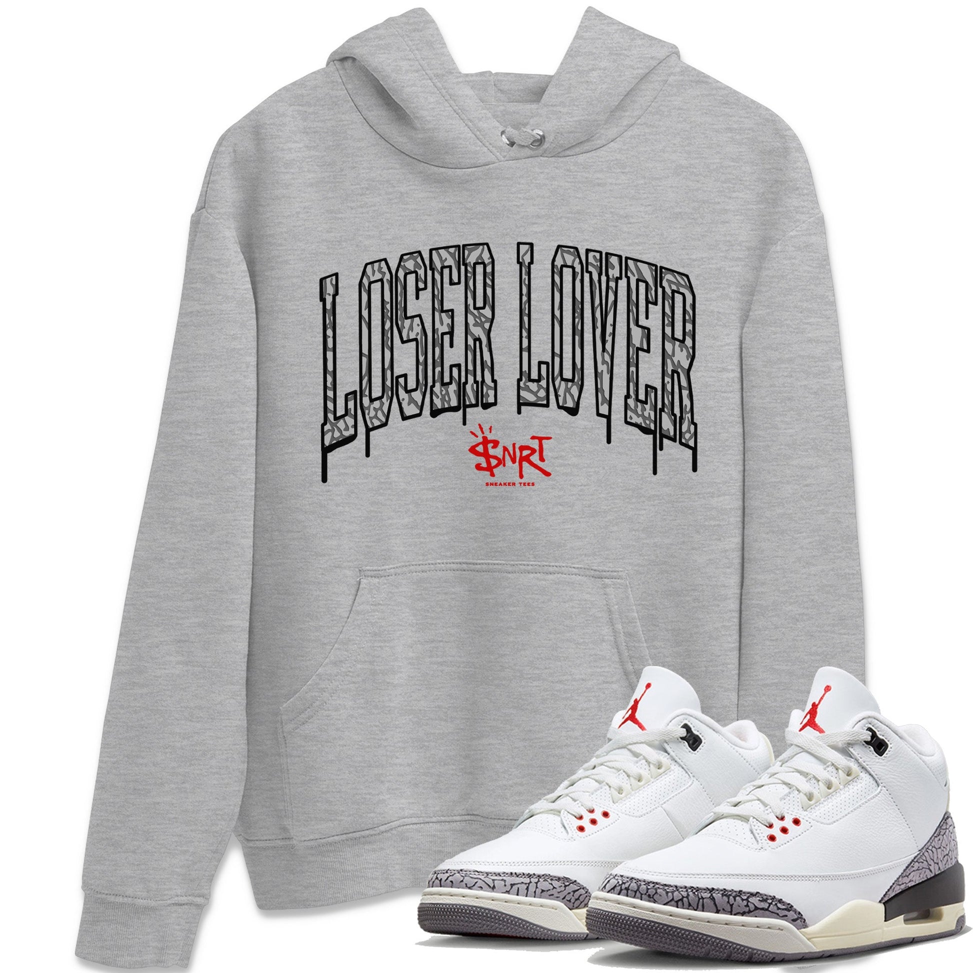 Air Jordan 3 White Cement Sneaker Tees Drip Gear Zone Loser Lover Letter Sneaker Tees Air Jordan 3 Retro White Cement Shirt Unisex Shirts Heather Grey 1