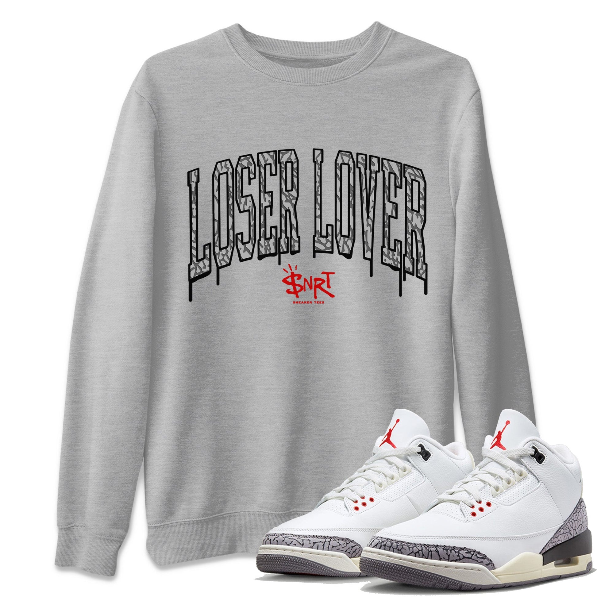 Air Jordan 3 White Cement Sneaker Tees Drip Gear Zone Loser Lover Letter Sneaker Tees Air Jordan 3 Retro White Cement Shirt Unisex Shirts Heather Grey 1