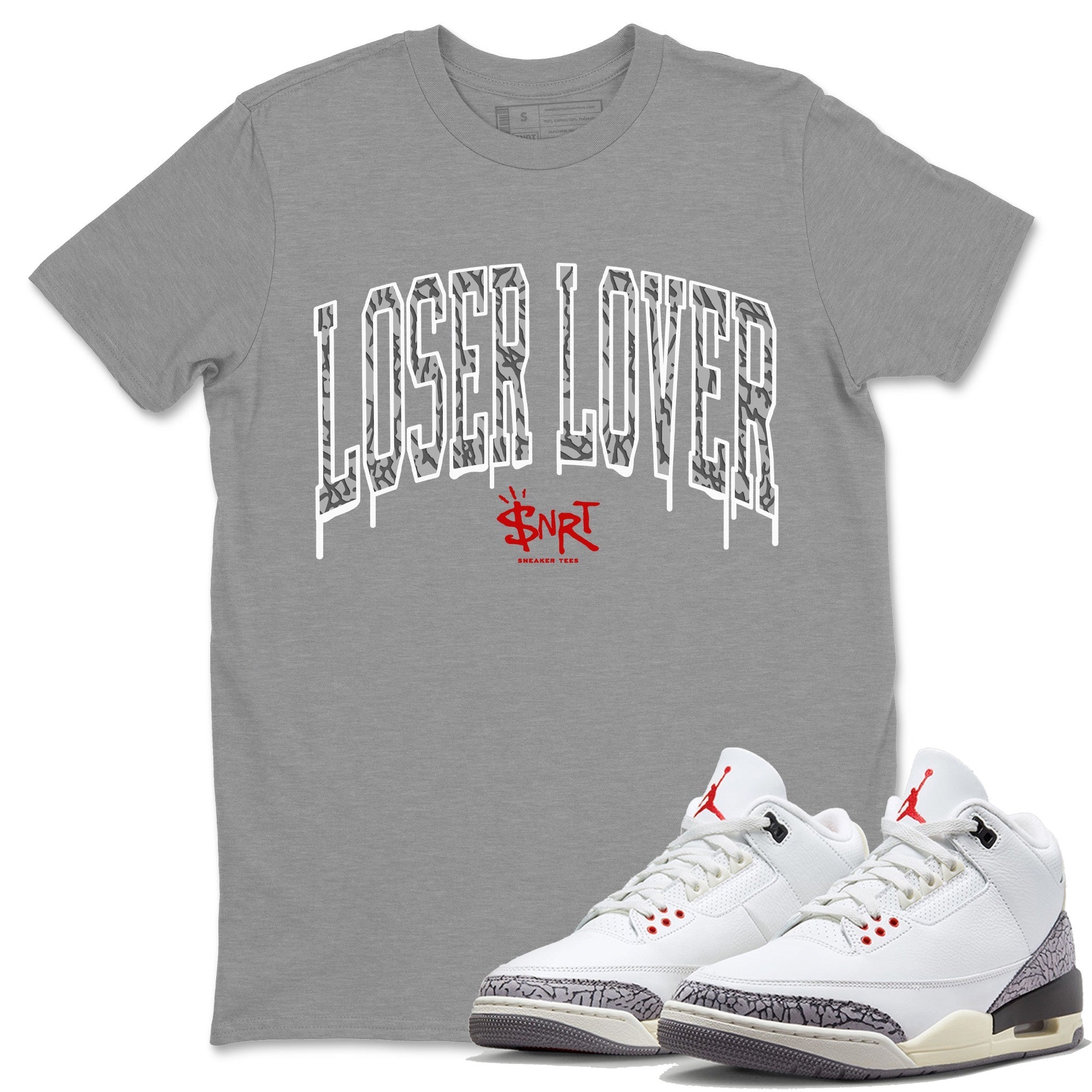 Air Jordan 3 White Cement Loser Lover Letter Crew Neck Sneaker Tees Air Jordan 3 Retro White Cement Sneaker T-Shirts Size Chart