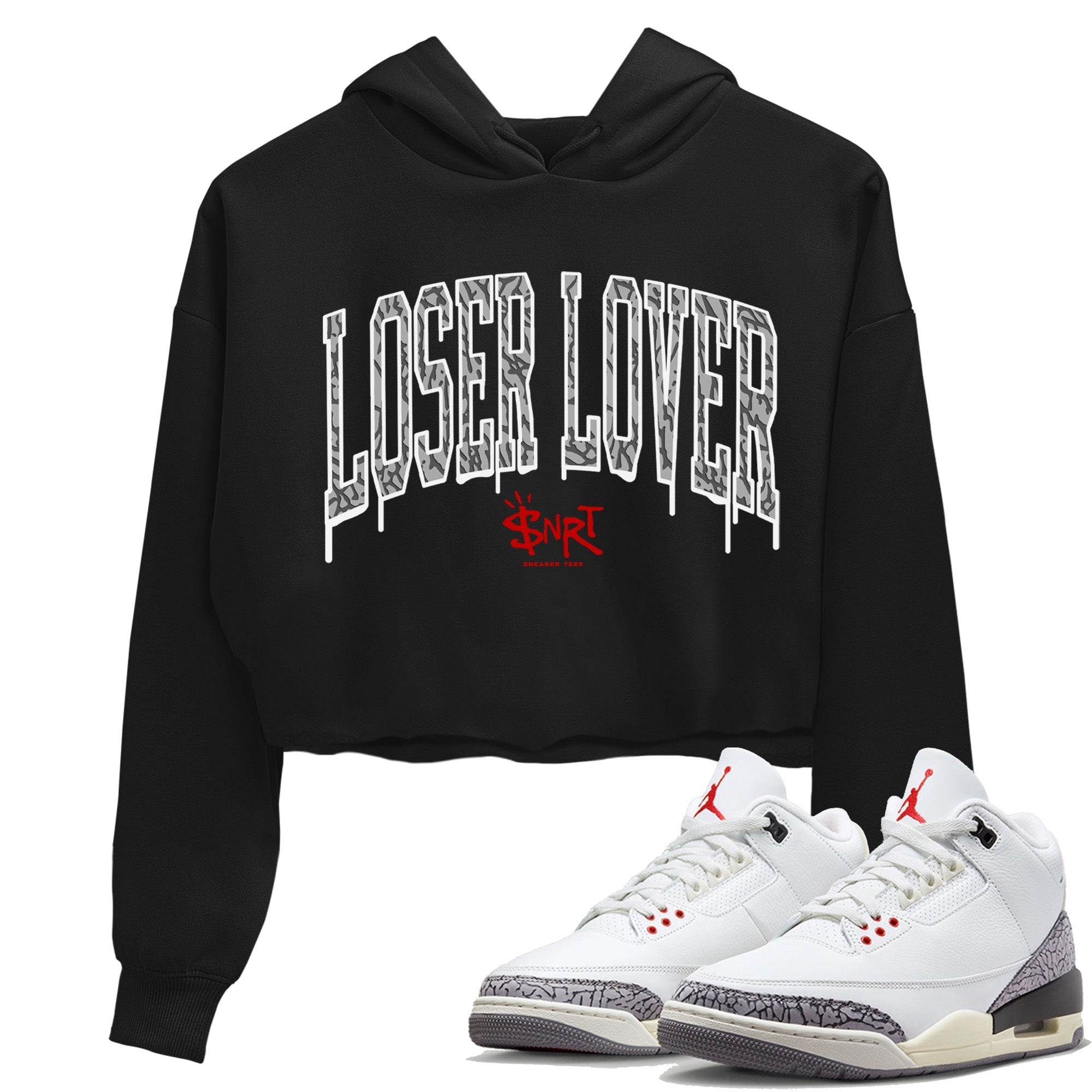 Air Jordan 3 White Cement Sneaker Tees Drip Gear Zone Loser Lover Letter Sneaker Tees Air Jordan 3 Retro White Cement Shirt Women's Shirts Black 1