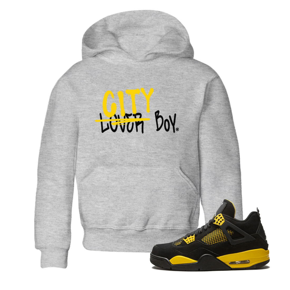 Air Jordan 4 Thunder Sneaker Match Tees Loser X City Boy Streetwear Sneaker Shirt Air Jordan 4 Retro Thunder Tee Kids Shirts Heather Grey 1
