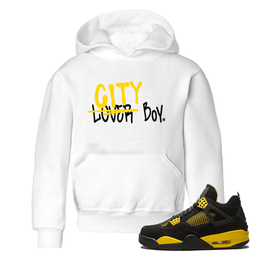 Air Jordan 4 Thunder Sneaker Match Tees Loser X City Boy Streetwear Sneaker Shirt Air Jordan 4 Retro Thunder Tee Kids Shirts White 1