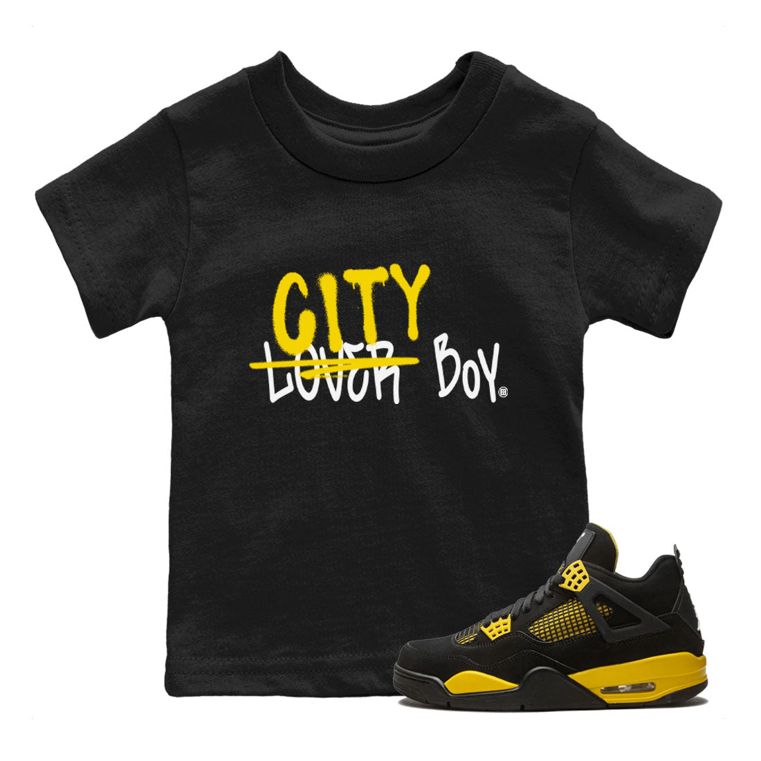 Air Jordan 4 Thunder Sneaker Match Tees Loser X City Boy Streetwear Sneaker Shirt Air Jordan 4 Retro Thunder Tee Kids Shirts Black 1