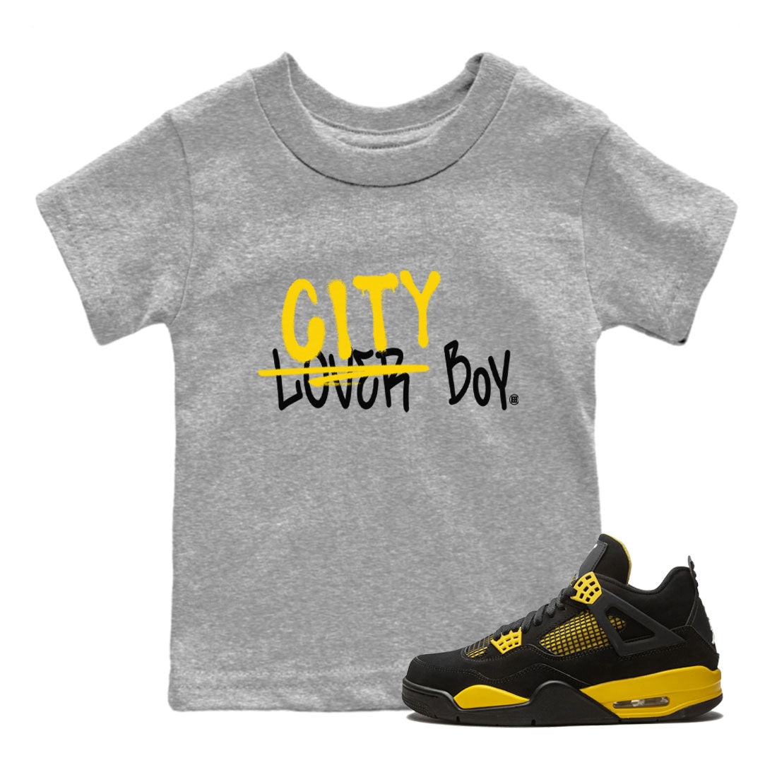 Air Jordan 4 Thunder Sneaker Match Tees Loser X City Boy Streetwear Sneaker Shirt Air Jordan 4 Retro Thunder Tee Kids Shirts Heather Grey 1