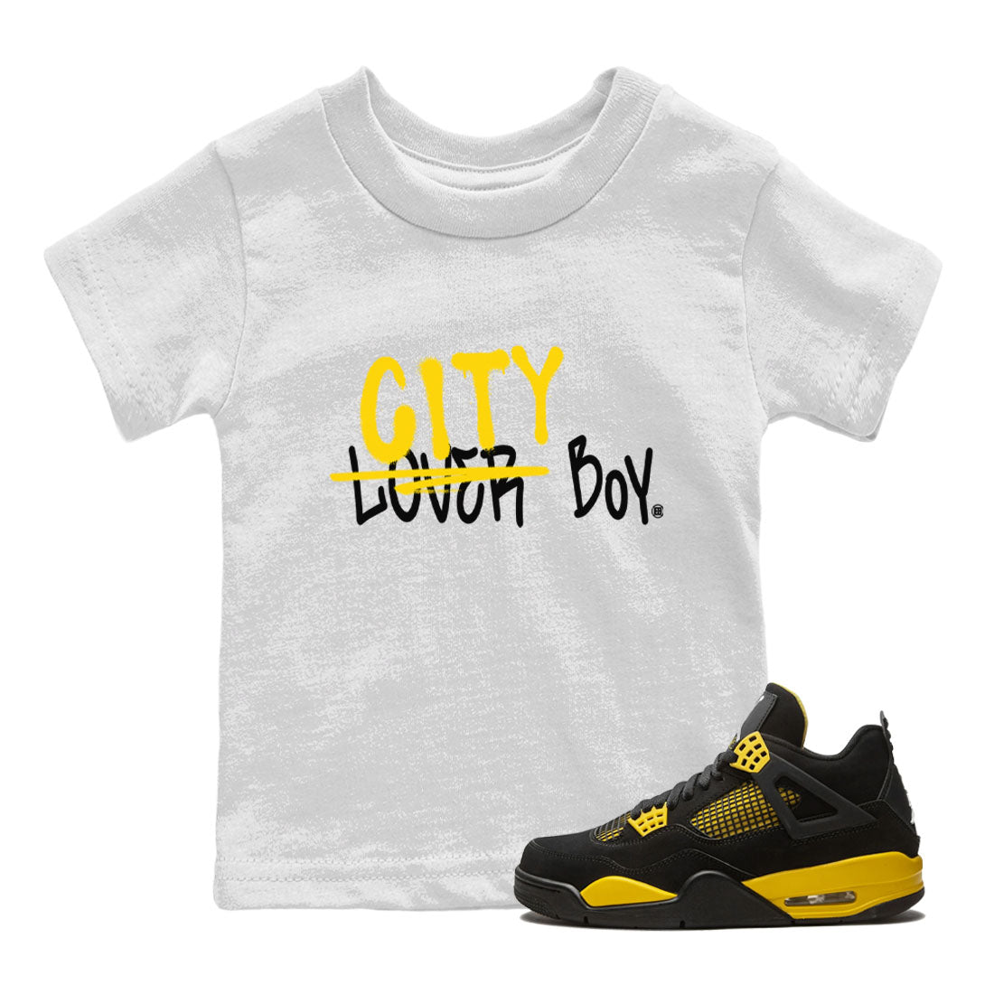 Air Jordan 4 Thunder Sneaker Match Tees Loser X City Boy Streetwear Sneaker Shirt Air Jordan 4 Retro Thunder Tee Kids Shirts White 1