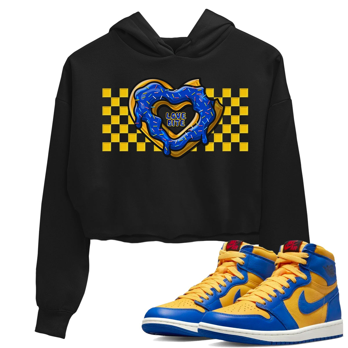 Jordan 1 Game Royal and Varsity Maize Sneaker Matching T-Shirt Love Bite Sneaker Tees Jordan 1 Game Royal and Varsity Maize Sneaker Release Tees Women's Shirts