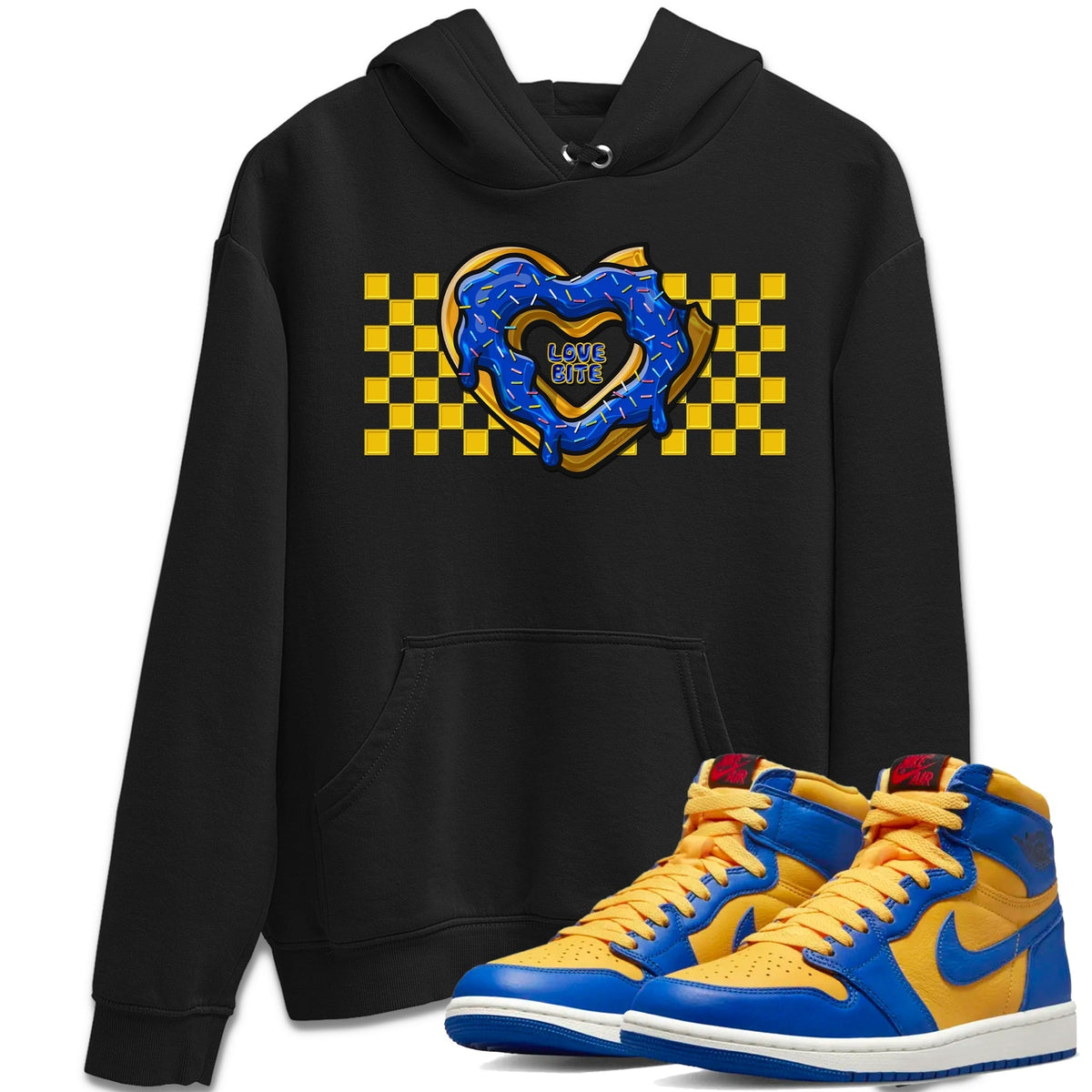 Jordan 1 Game Royal and Varsity Maize Sneaker Matching T-Shirt Love Bite Sneaker Tees Jordan 1 Game Royal and Varsity Maize Sneaker Release Tees Crew Neck Tees