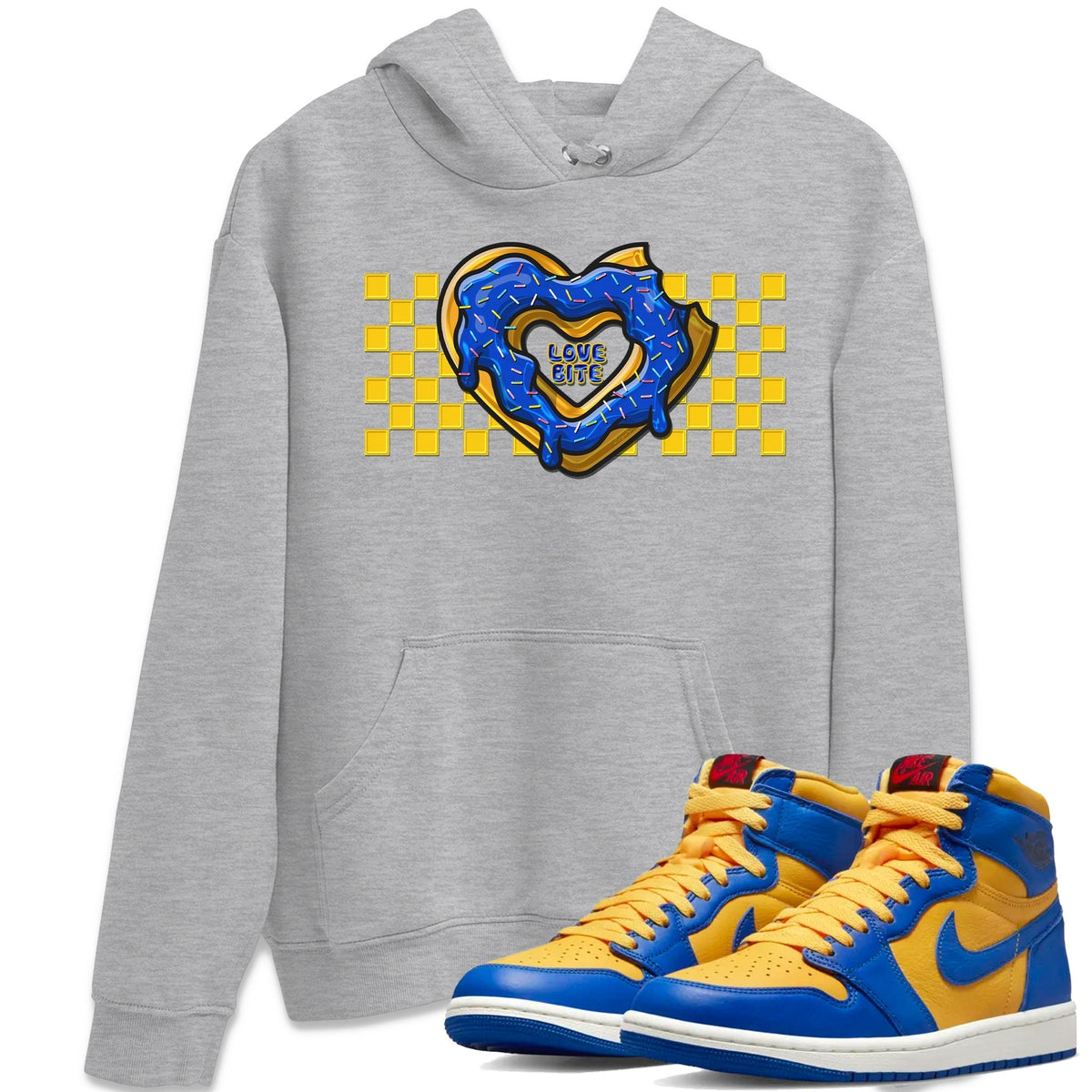 Jordan 1 Game Royal and Varsity Maize Sneaker Matching T-Shirt Love Bite Sneaker Tees Jordan 1 Game Royal and Varsity Maize Sneaker Release Tees Crew Neck Tees