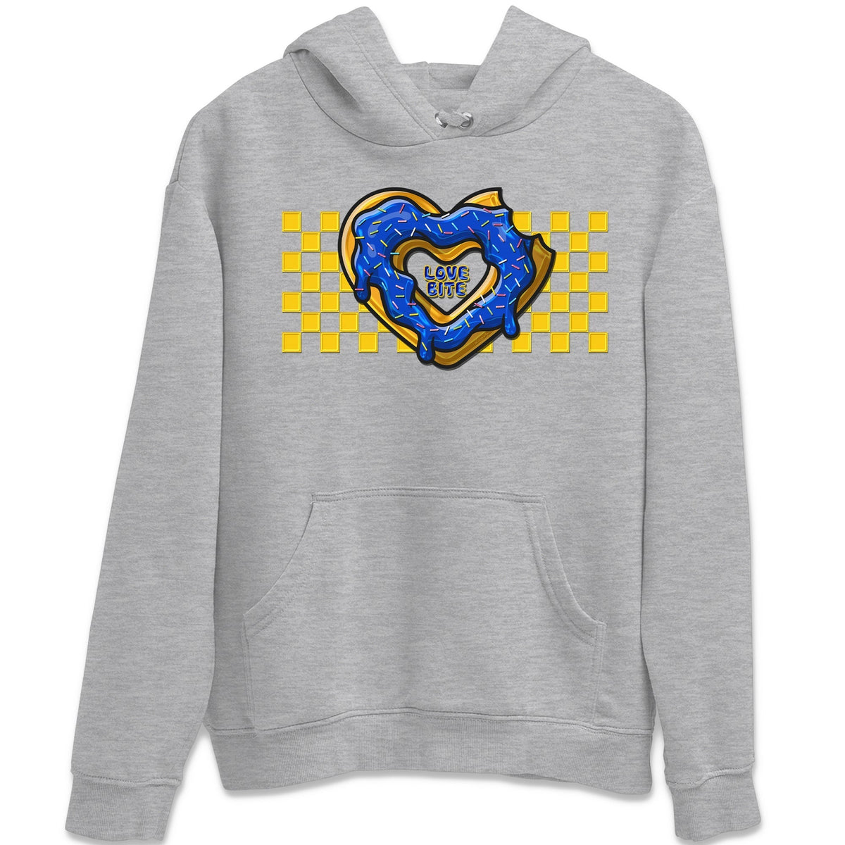 Jordan 1 Game Royal and Varsity Maize Sneaker Matching T-Shirt Love Bite Sneaker Tees Jordan 1 Game Royal and Varsity Maize Sneaker Release Tees Crew Neck Tees