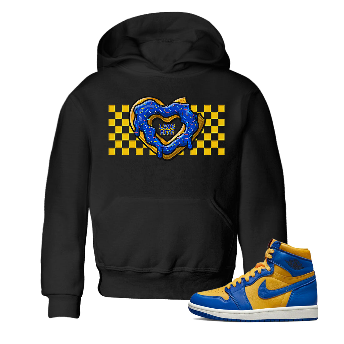 Jordan 1 Game Royal and Varsity Maize Sneaker Matching T-Shirt Love Bite Sneaker Tees Jordan 1 Game Royal and Varsity Maize Sneaker Release Tees Kids Shirts
