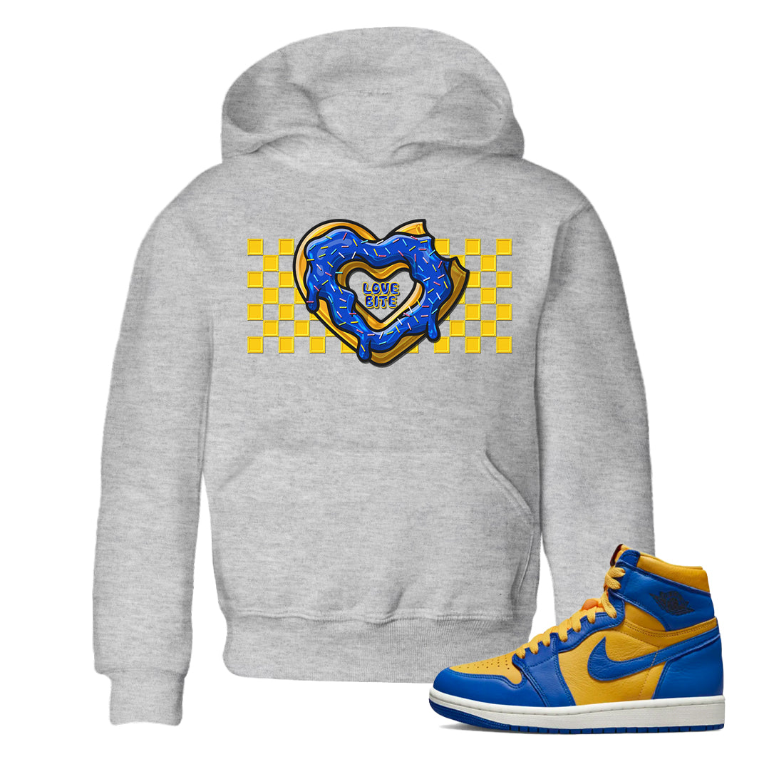 Jordan 1 Game Royal and Varsity Maize Sneaker Matching T-Shirt Love Bite Sneaker Tees Jordan 1 Game Royal and Varsity Maize Sneaker Release Tees Kids Shirts