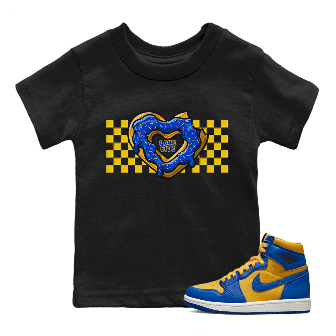 Jordan 1 Game Royal and Varsity Maize Sneaker Matching T-Shirt Love Bite Sneaker Tees Jordan 1 Game Royal and Varsity Maize Sneaker Release Tees Kids Shirts